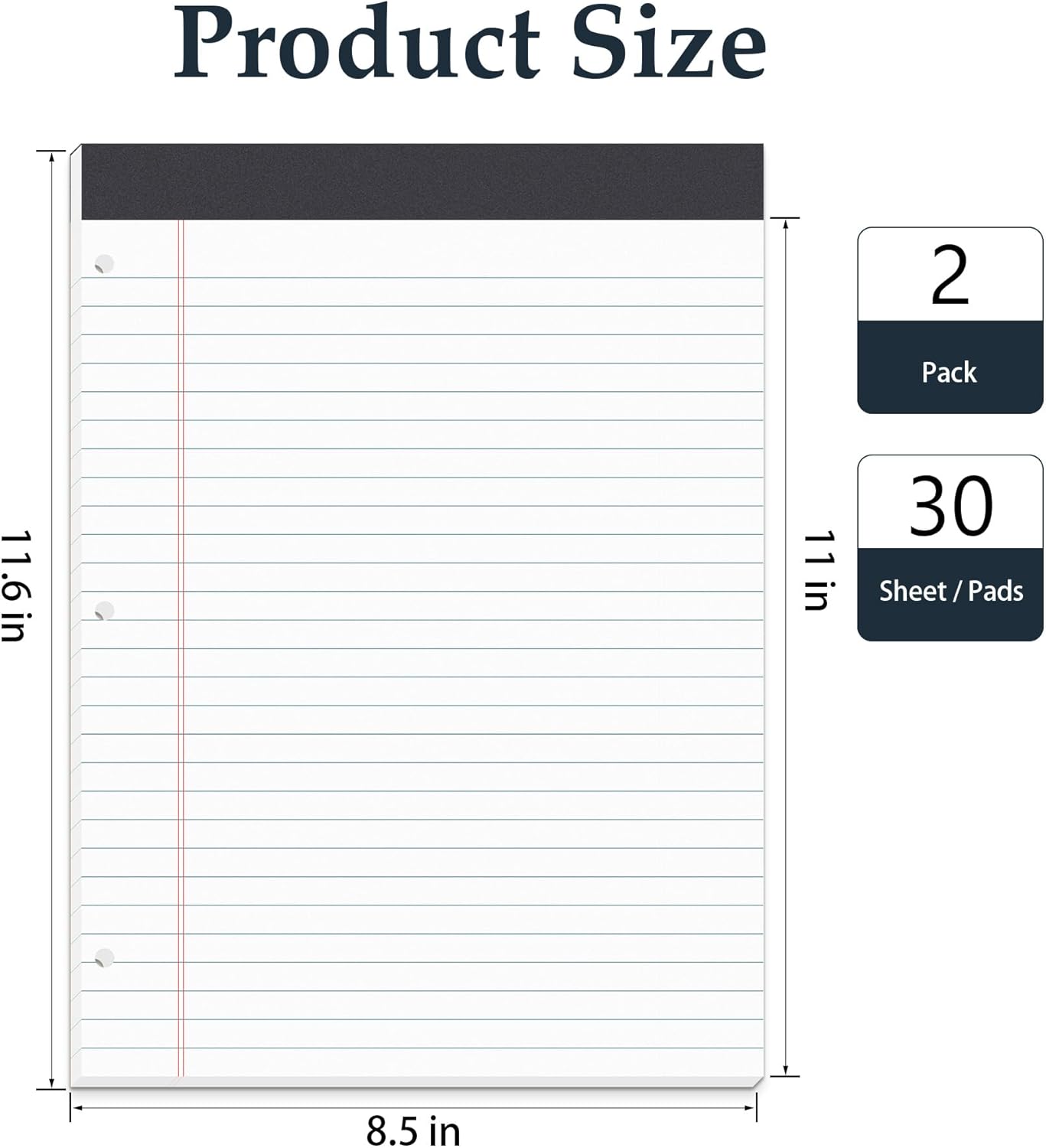 HAUTOCO 2 Pack 8.5 x 11 Legal Pads White Wide Ruled Notepads Perforated Writing Pads, 30 Sheets Per Notepad, 3-Hole Punched Paper, Writing Note Pads for School, Home, Office, Business