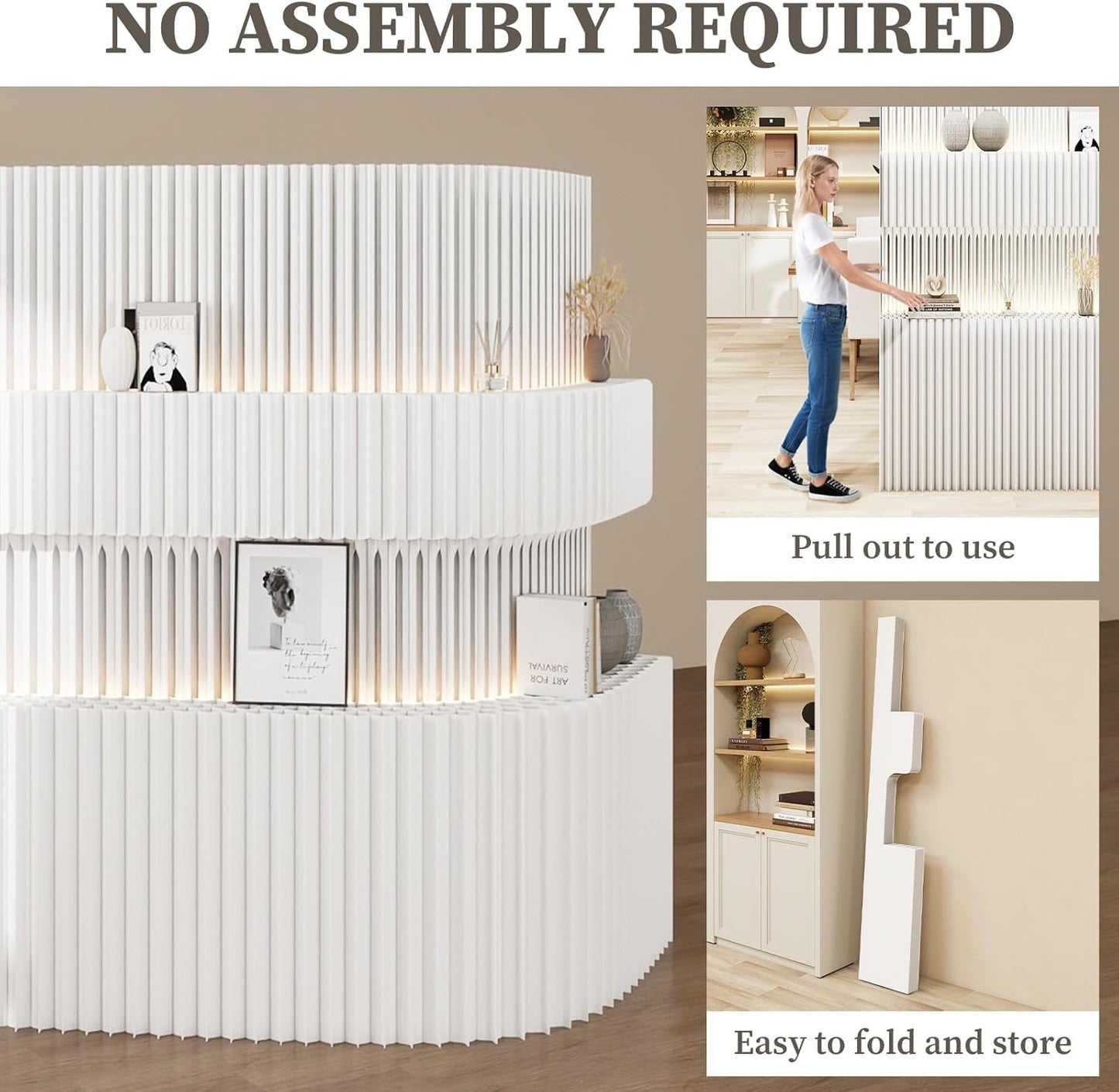 6.9FT Paper Room Divider with LED Light, Folding Privacy Screens with Storage Shelf,Portable Partition Wall for Exhibitions, Salons,Home Office Entrances,Retail Displays-L98.4’’*W13.8’’ *H82.6’’