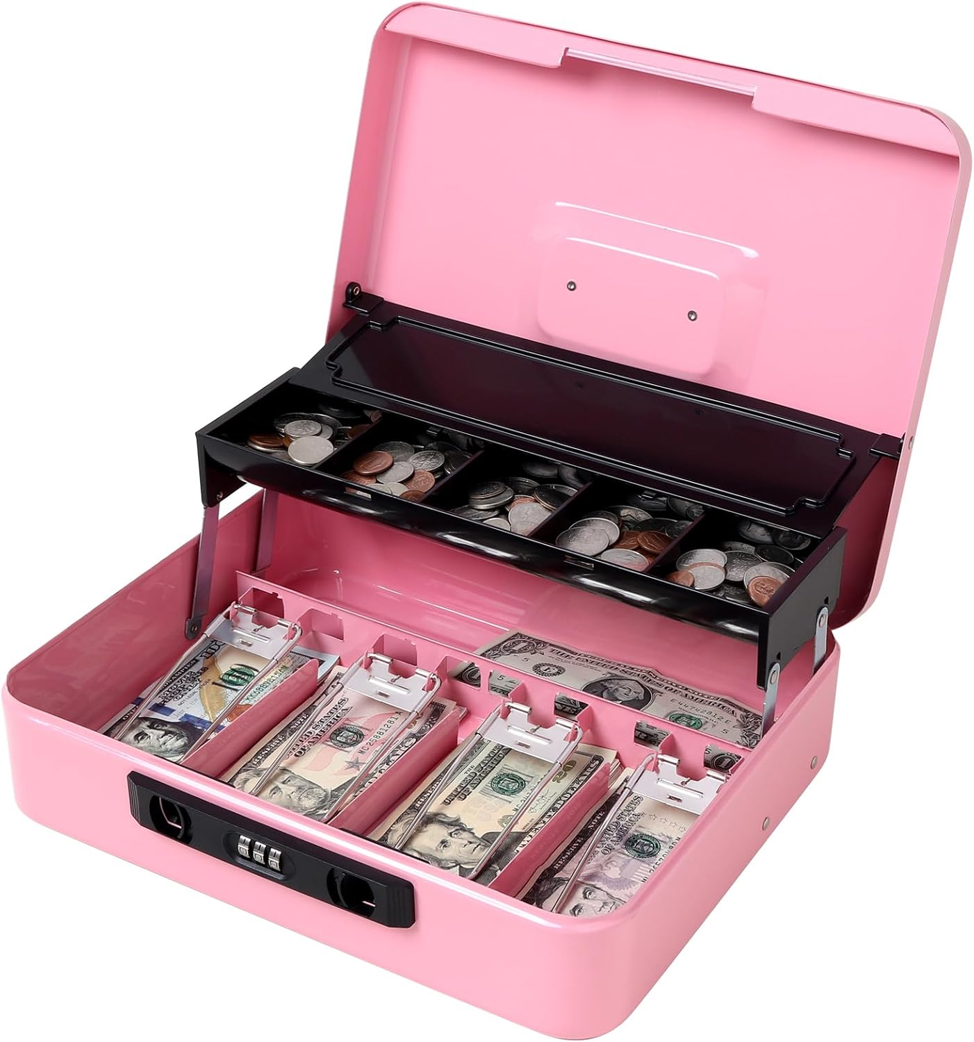 Jssmst Locking Cash Box with Coin Lid, 11.8L x 9.5W x 3.5H Inches, Latch Safe Money Box with Combination Lock, Pink