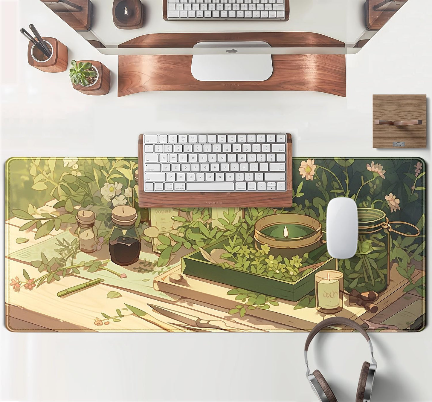 Green Gardener Desk Mat Anime Forest XL Gaming Mouse Pad Plant Lover Desk Pad with Stitched Edges, Women Desktop Decor Mousepad Laptop Computer Keyboard and Mouse Mat Desk Accessories 31.5x11.8 in