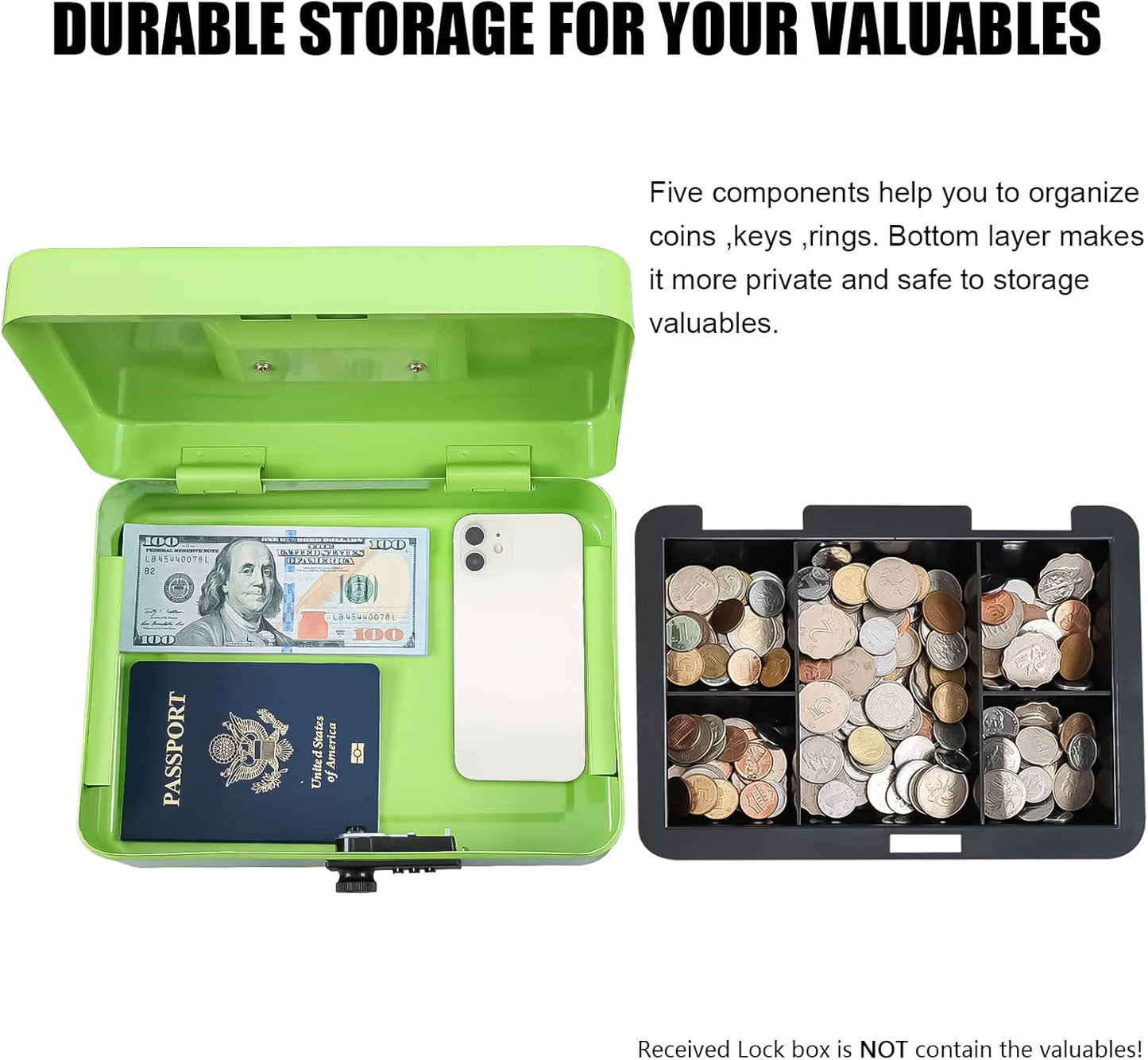 KYODOLED Large Cash Box with Combination Lock,Safe Metal Box for Money, Storage Lock Box with Money Tray,9.84"x 7"x 3.54" Limegreen Large