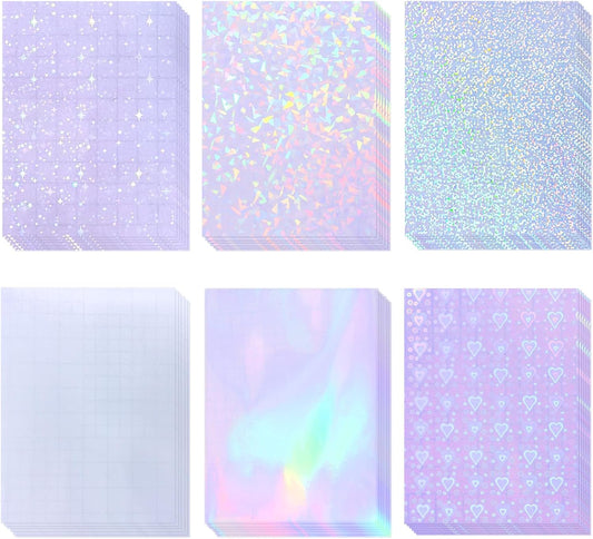 36 Sheets Holographic Laminate Sheets Transparent Holographic Sticker Paper Self Adhesive Laminating Sheets Clear Vinyl Waterproof Overlay for Sticker Pape, 8.5x11 inch 6 Patterns