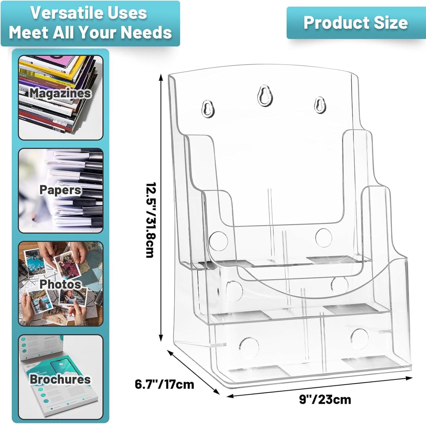 Acrylic Brochure Holder 8.5 x 11 inches, 3 Tier Clear Plastic Flyer Holder Display Stand, Wall Mount/Countertop Literature Organizer for Documents, Pamphlets, Booklets, and Menu