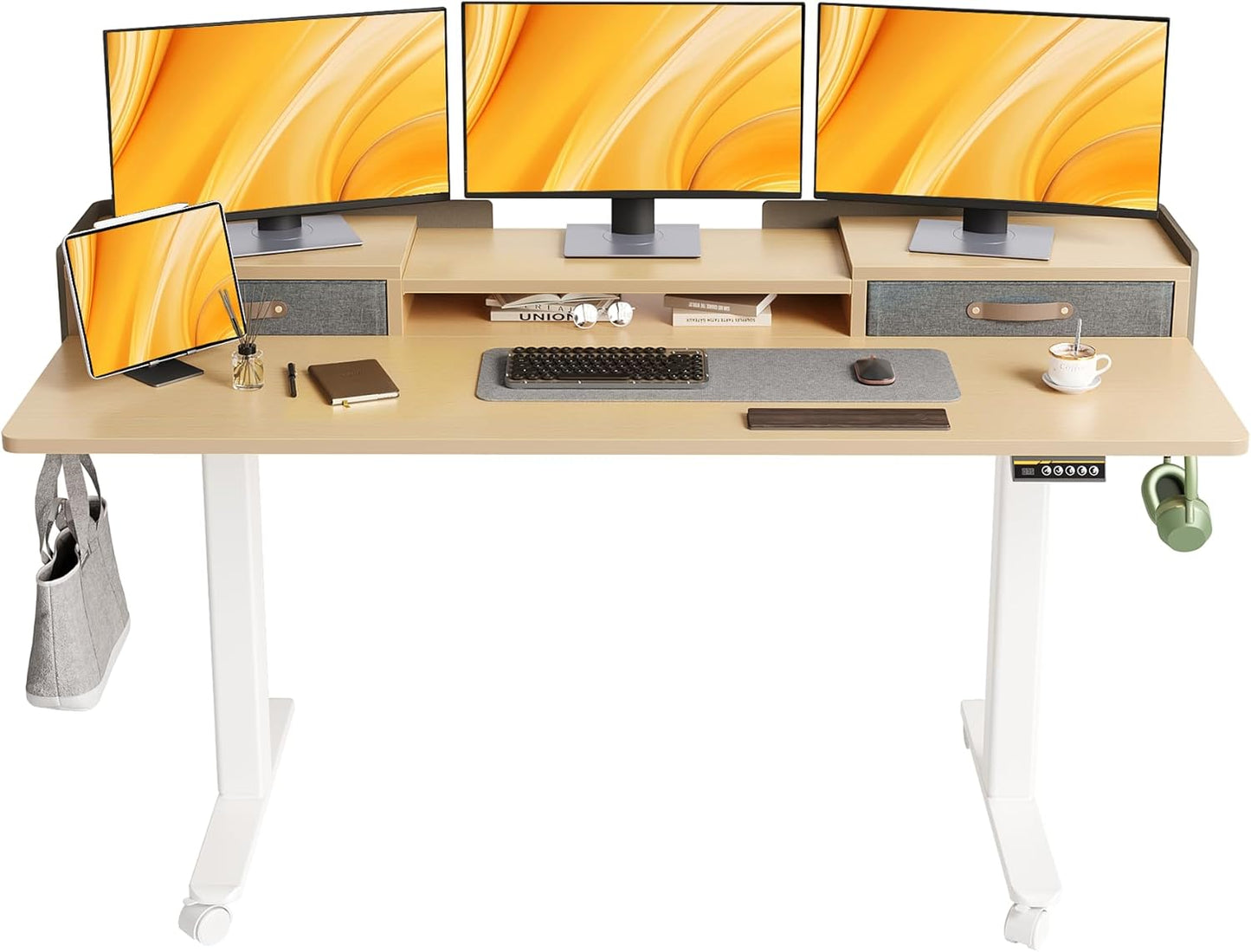 Claiks Standing Desk with Drawers, Adjustable Stand Up Electric Standing Desk Adjustable Height with Storage Shelf and Splice Board, 63 Inch, Natural