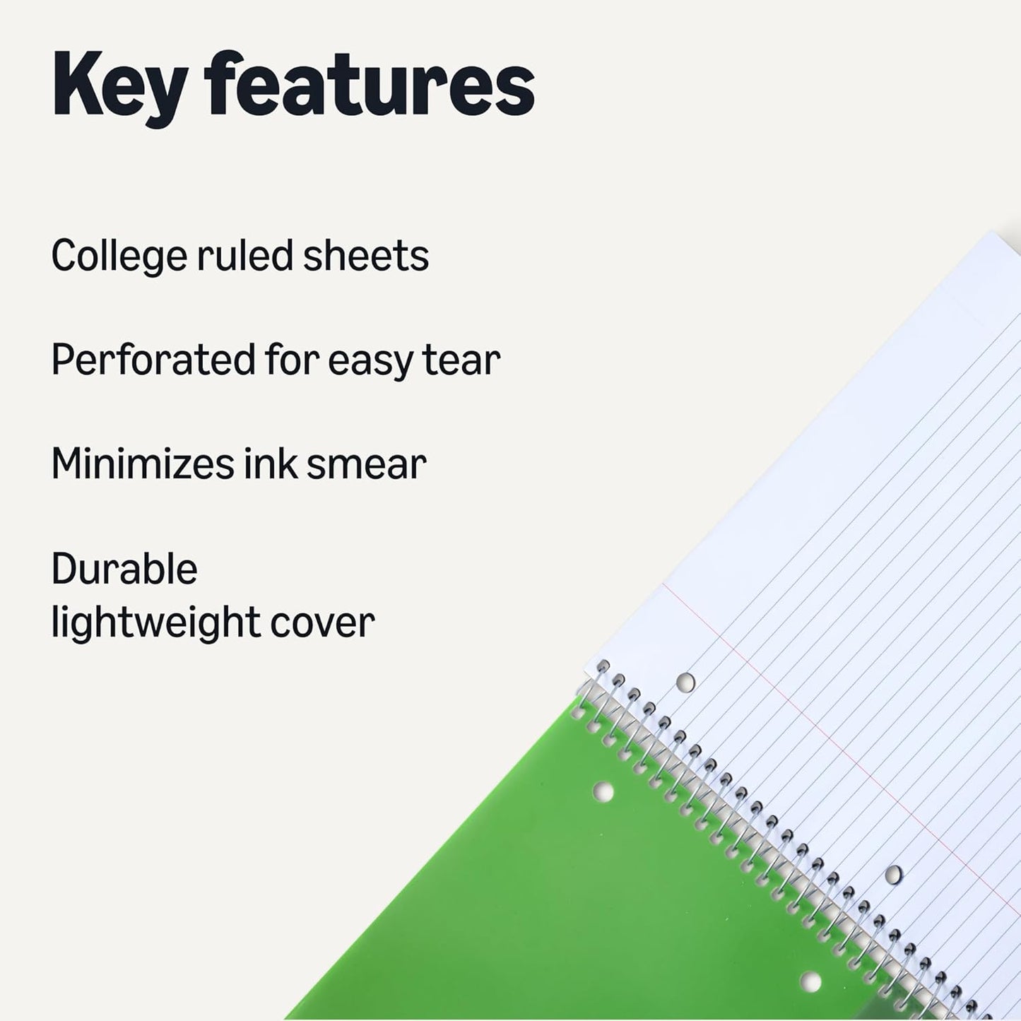 Amazon Basics College Ruled Spiral Notebook, Poly Cover, 100 Sheets, 11" x 9", Green, 1 pack