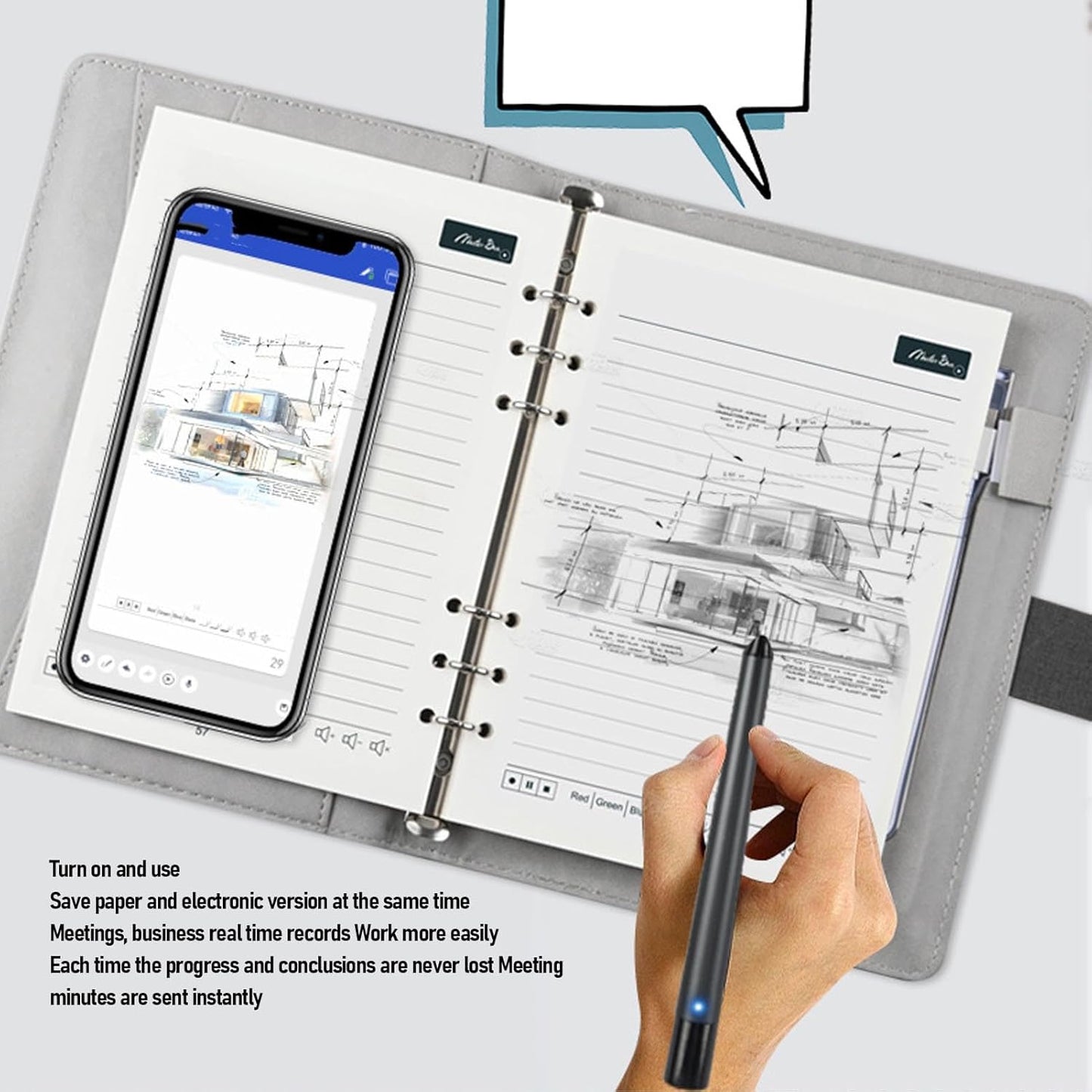 Yunseity 3 in1 Digital Smart Pen, Smartpen Notebook Set, Real Time Sync for Digitizing, Bluetooth 5.0 Paper Smart Writing Set, Convert to Text, OCR Technology, for iOS for Android (Grey Black