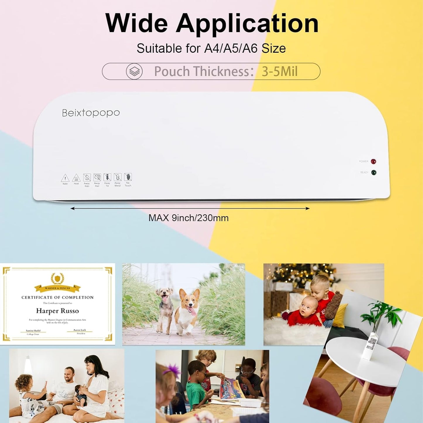 Laminator, A4 Laminater Machine, 9 Inch Thermal Laminater Machine, 4 in 1 Personal Desktop Cold Laminator with Paper Cutter and Corner Rounder 15 Laminating Pouches for Office School Business Use