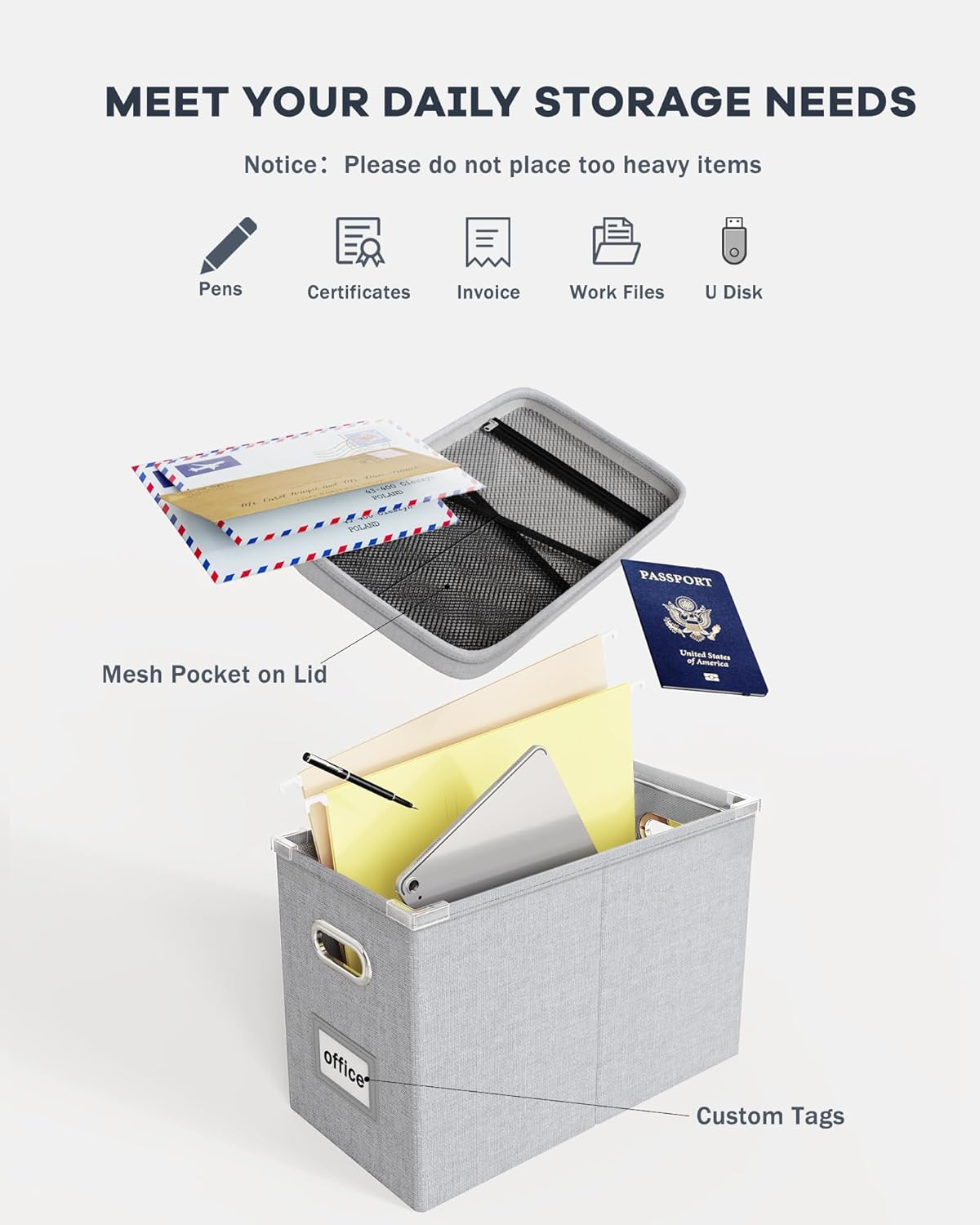 Oterri File Organizer Box with Lid, Hanging Filing File Box with Mesh Pocket, Document Organizer Box for Letter Files, Portable Storage Box with Smooth Sliding Rail for Office&Home (2 PCS, Light grey)