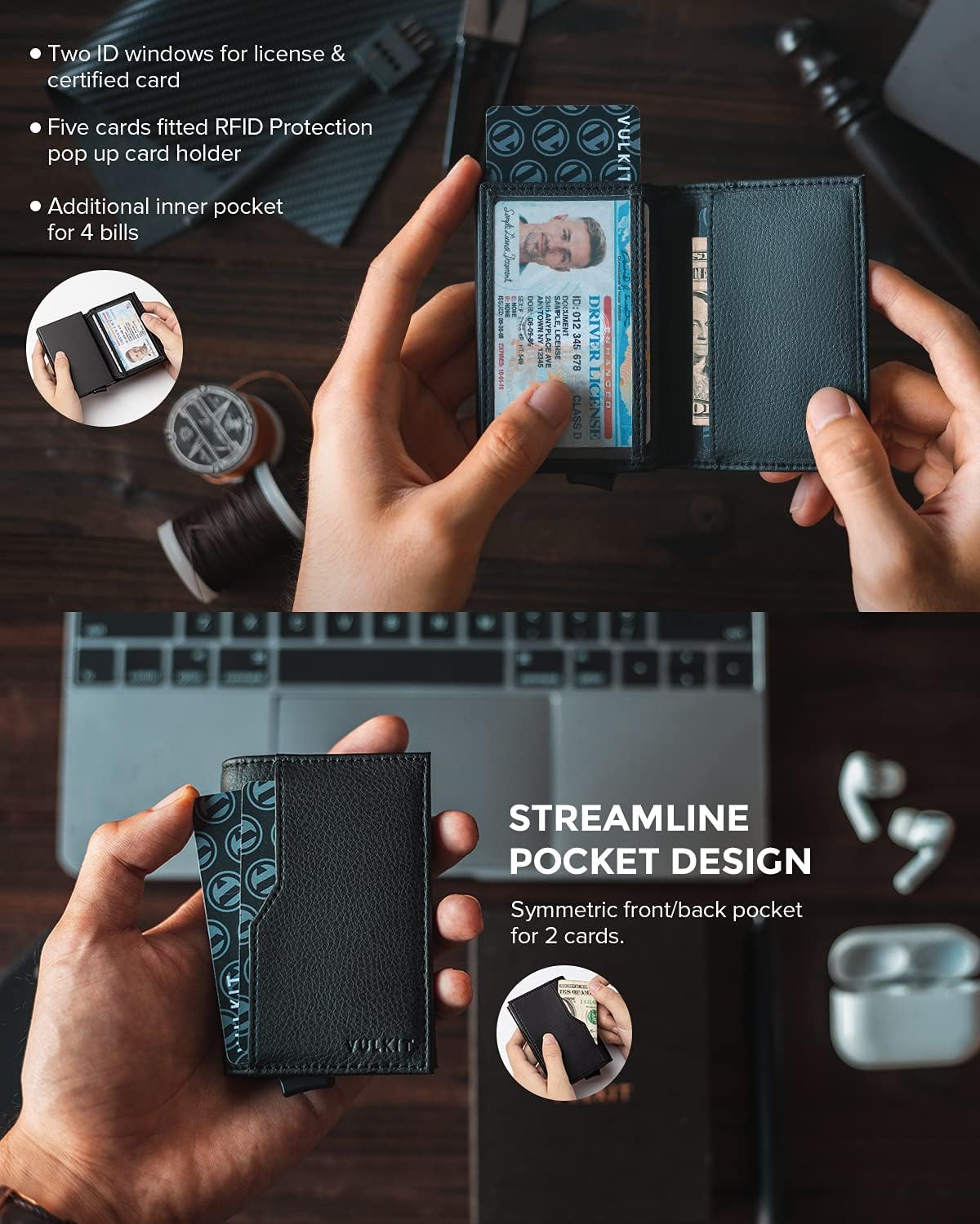 VULKIT Card Holder Wallet with Double ID Windows RFID Blocking Pop Up Wallet Minimalist Design for 12 Cards
