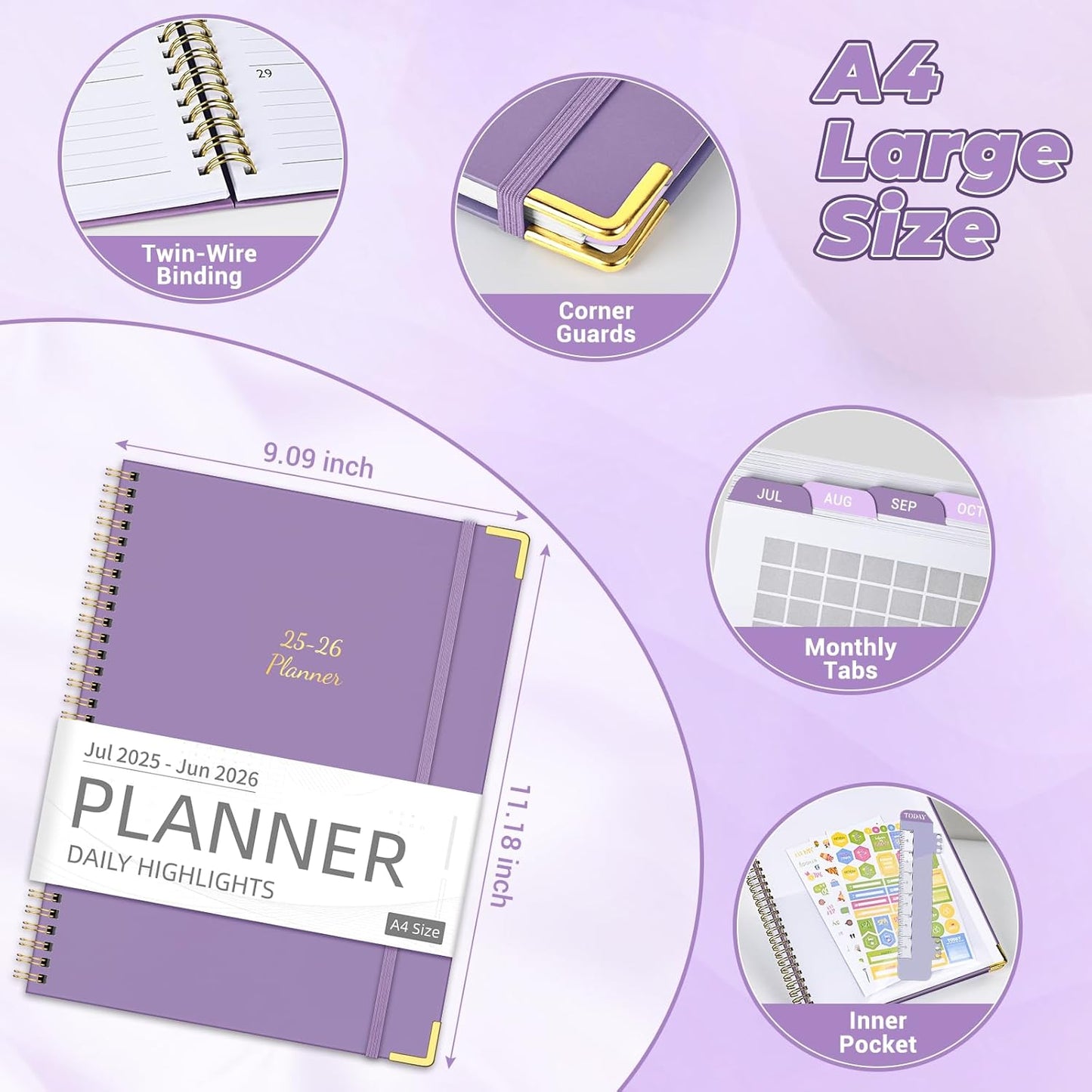 Academic Planner 2025-2026 (8.5" x 11") - Weekly & Monthly Planner (Jul. 2025 - Jun. 2026), Column View Calendar Organizers, Hardcover Agenda Book with Tabs for Office & School, Purple