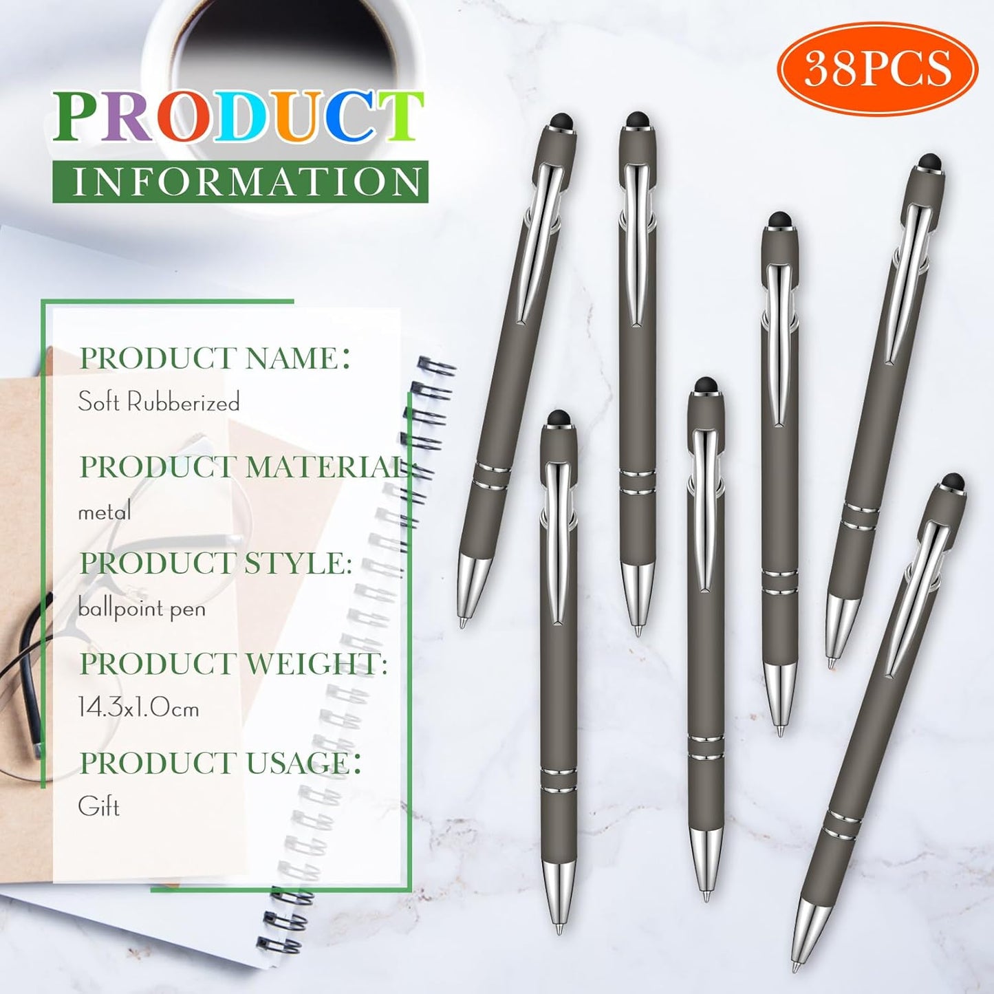 Zonon 38 Pieces Rubberized Ballpoint Pen with Stylus Tip Stylish Metal Pen Capacitive Styli with Soft Rubberized Grip, Black Ink for Most Devices(Gray)