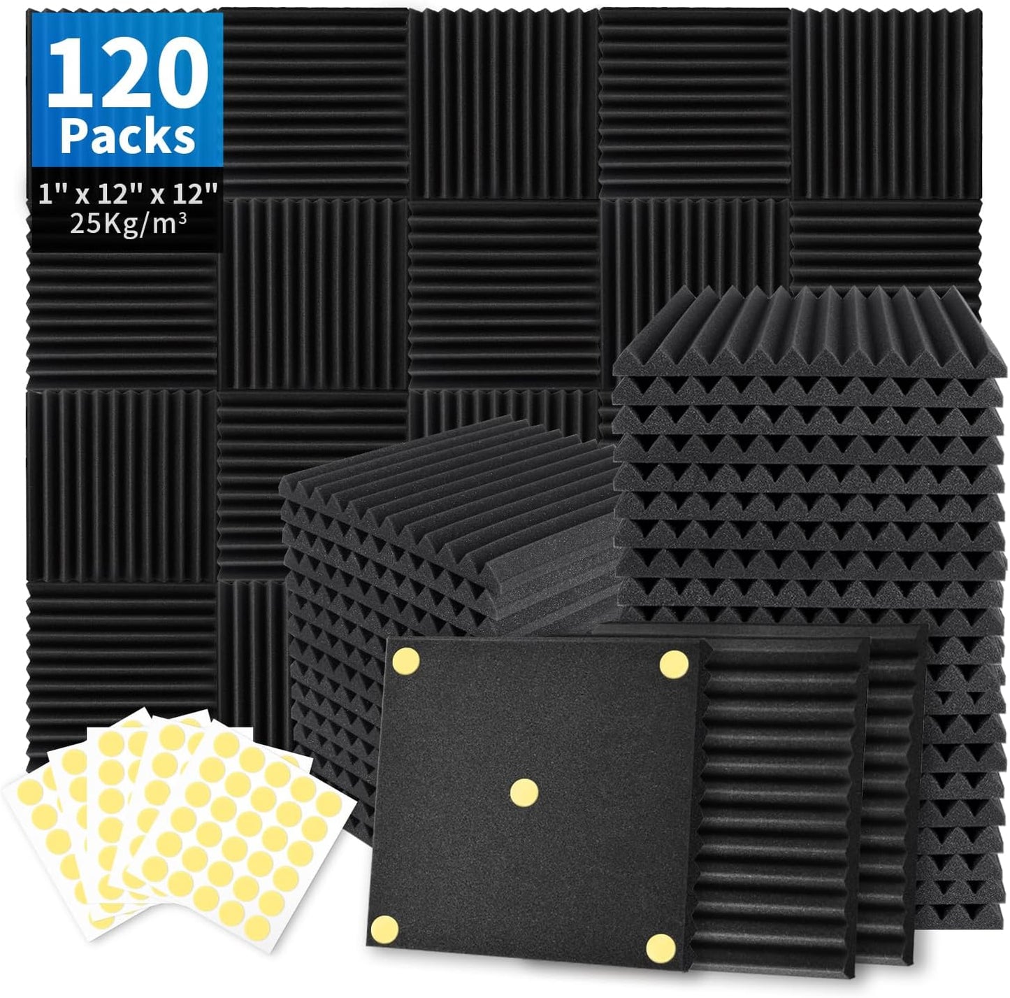 120 Pack Acoustic Foam Panels 1" x 12" x 12" Sound Proof Foam Panels Soundproofing Noise Cancelling Wedge Panels for Home Office Recoding Studio with 600 PCS Double-Side Adhesive