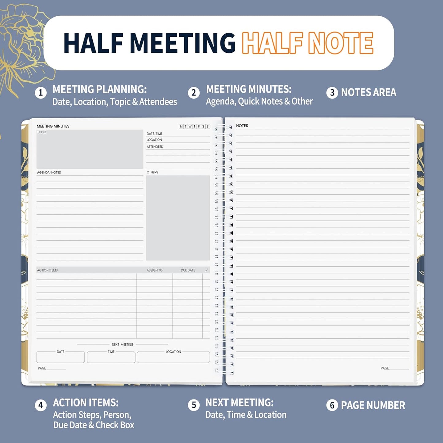 SUNEE Half Meeting Half Note - 8.5"x11" Professional Notebooks for Work - 160 Pages, A4 Size Project Planner, Spiral Meeting Agenda/Minutes Organizer for Women Men, Note Taking, Office & Business