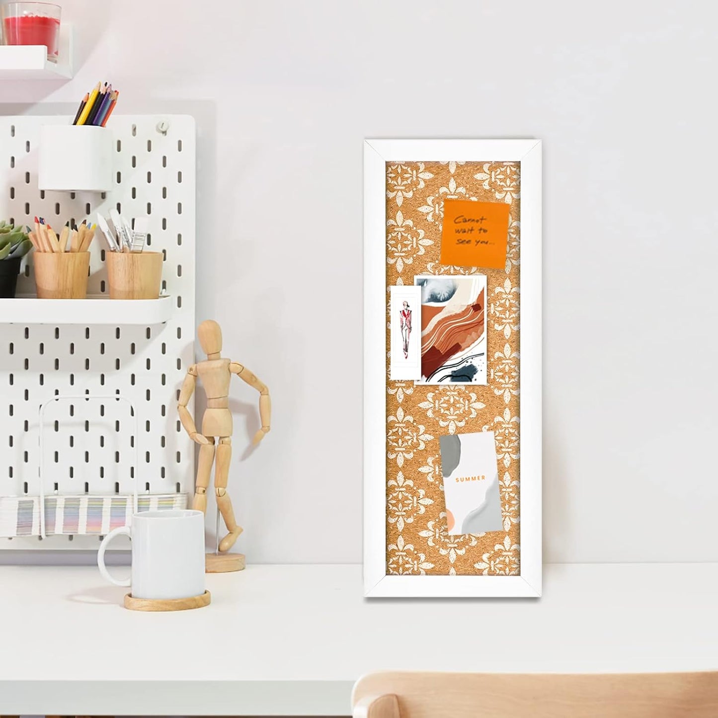 Long Decorative Cork Board for Walls, Bulletin Board with Floral Print, White Framed Pin Board Vision Board for Office School Bedroom and Dorm Room with Pins, Screws(1540,1pc)