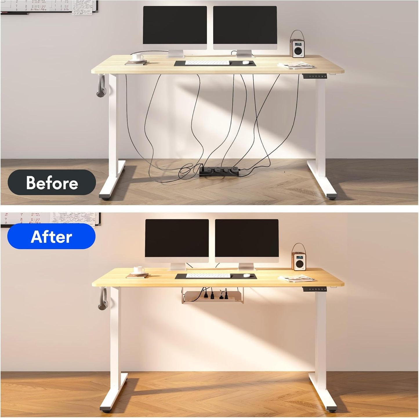 FLEXISPOT EN2 Whole-Piece Standing Desk with Clamp Power Strip, 48 x 24 Electric Height Adjustable Desk with Cable Management (White Frame + 48" Maple Top)