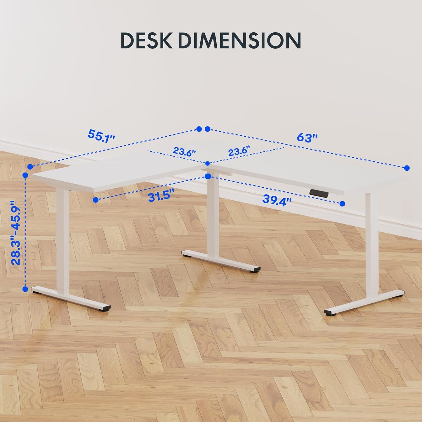 FLEXISPOT L Shaped Standing Desk, 63 x 55 Inch Electric Height Adjustable Corner Desk, Sit Stand Computer Workstation, Preset Controller, Home Office, White Frame with White Top, White Drawer