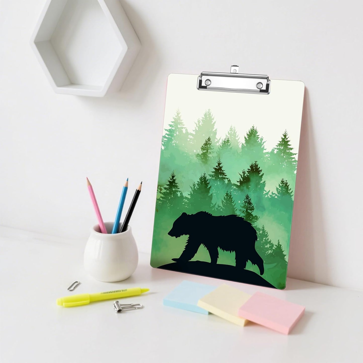 Forest Bear Silhouette Plastic Clipboards,Decorative Plastic Acrylic Clipboard for Teacher Social Worker Students Office Supplies 8 * 12