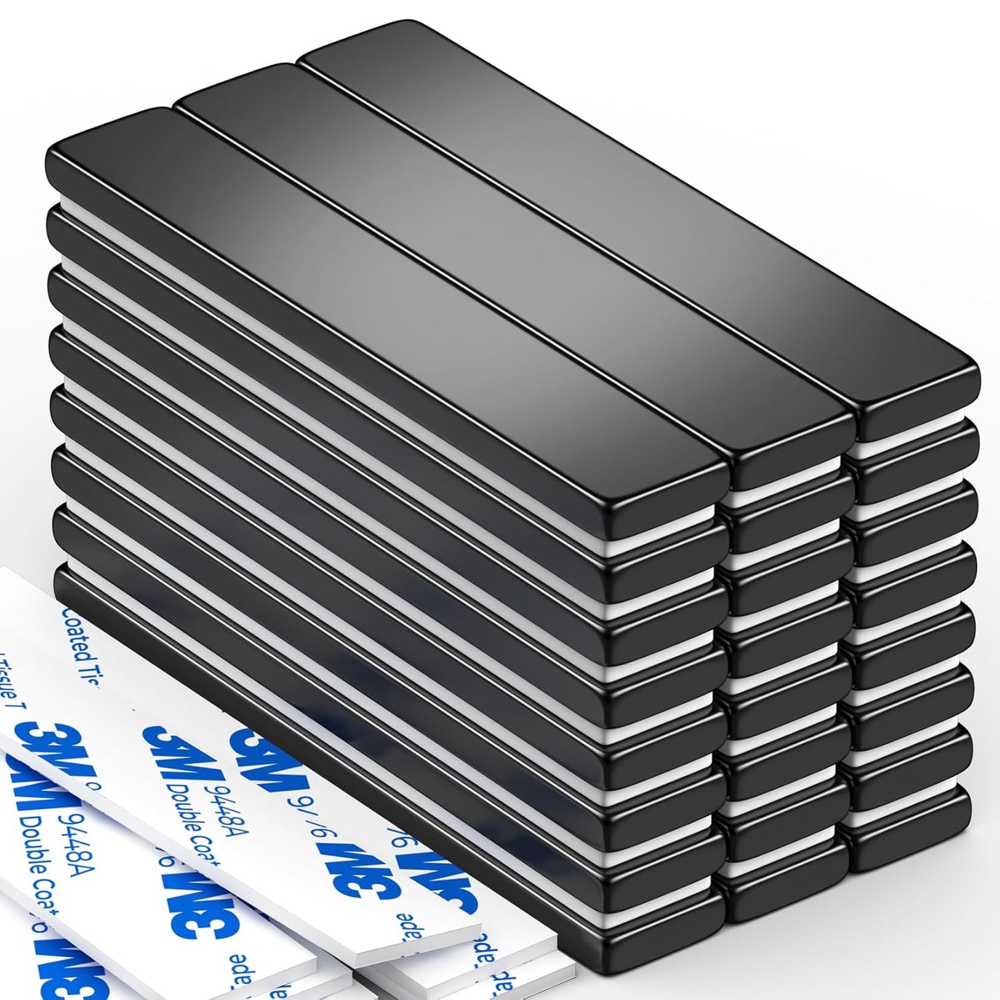 Grtard 24 Pack Strong Neodymium Bar Magnets Heavy Duty, Powerful Permanent Rare Earth Magnets with Double-Sided Adhesive, Super Strong Magnets Bar for Kitchen, Fridge, DIY, Craft, Garage - 60x10x3mm