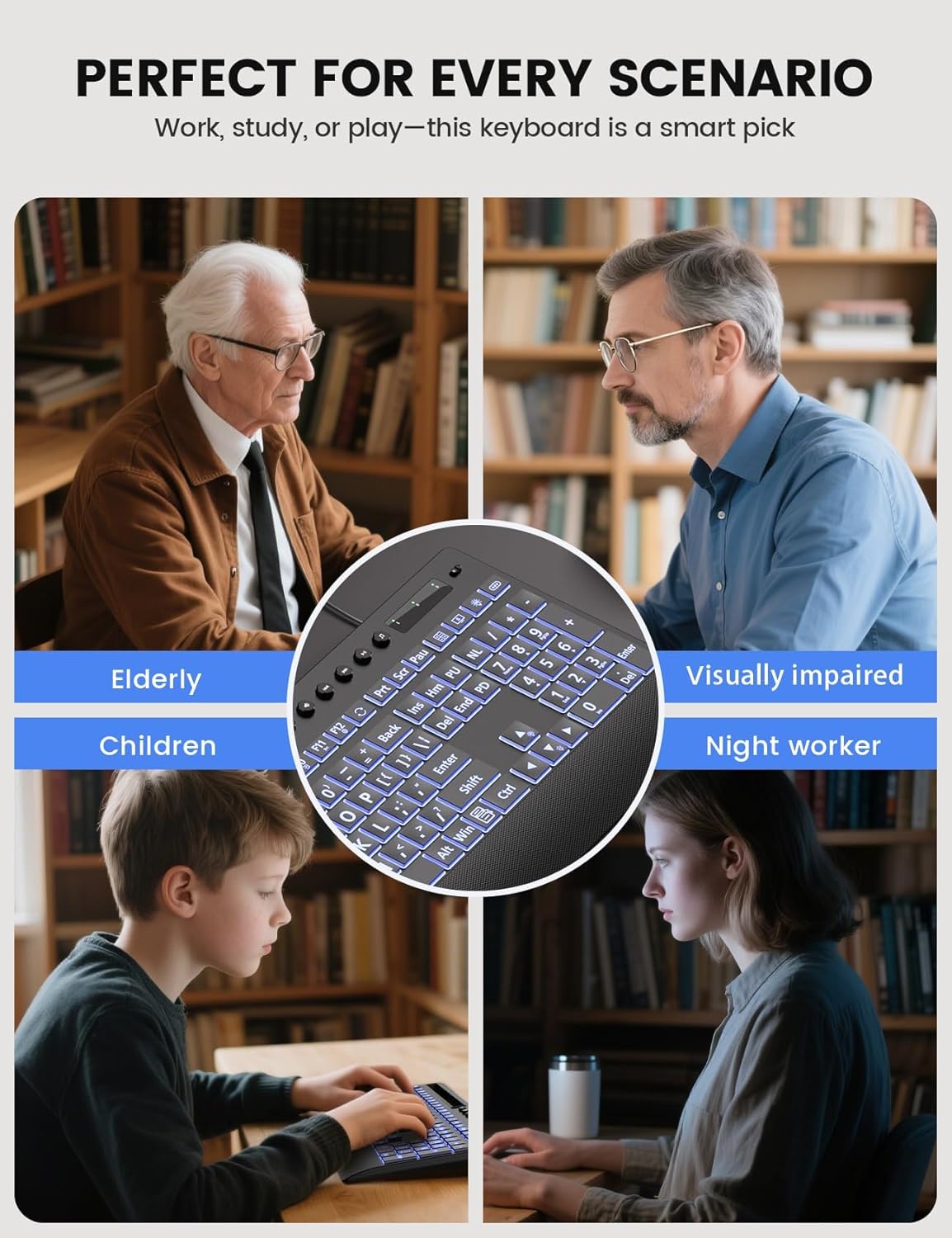 SABLUTE Large Print Backlit Keyboard, USB Wired Computer Keyboard with Backlight Memory Function, Wrist Palm, 7-Color Lighted Office Home Keyboards,Light Up Keyboard for Windows Desktop, Laptop, PC