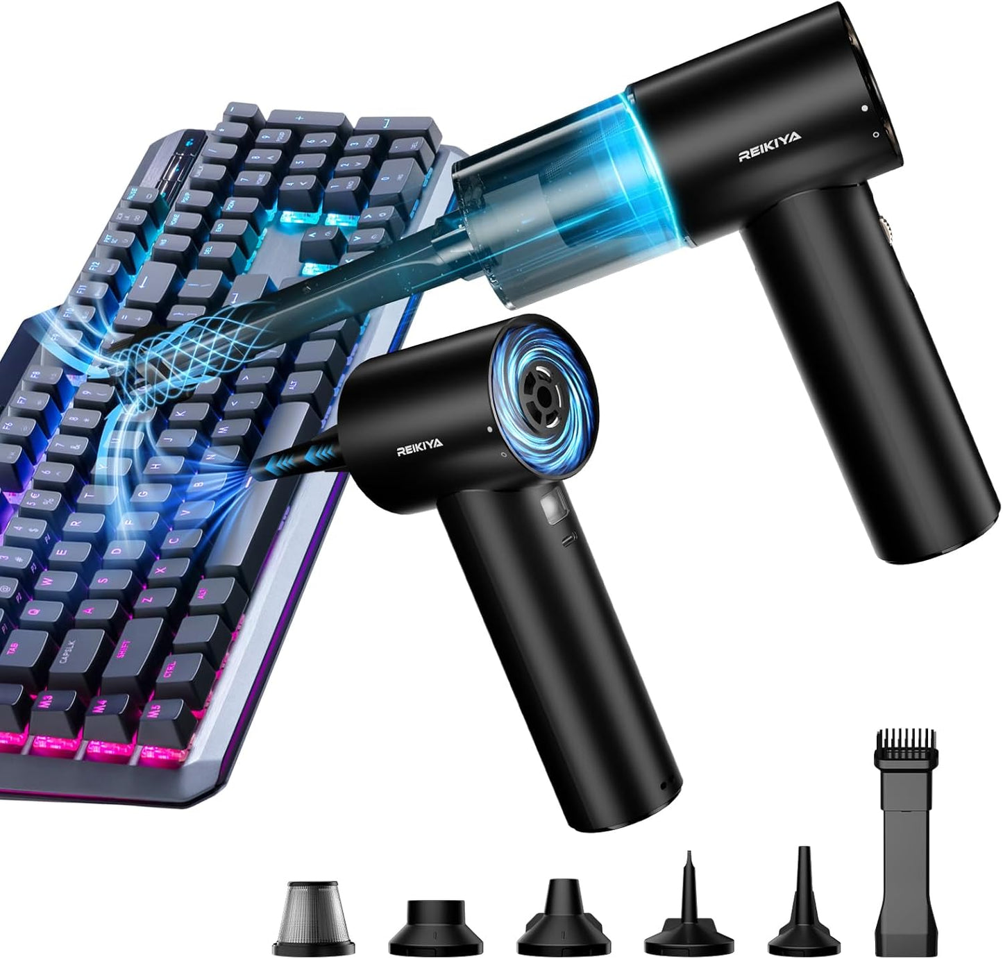REIKIYA Compressed Air Duster 150000RPM Portable Air Blower for Computer, Keyboard with LED Light, 7800mAh Rechargeable 18000Pa Cordless Portable Vacuum Cleaner for Car Home Office