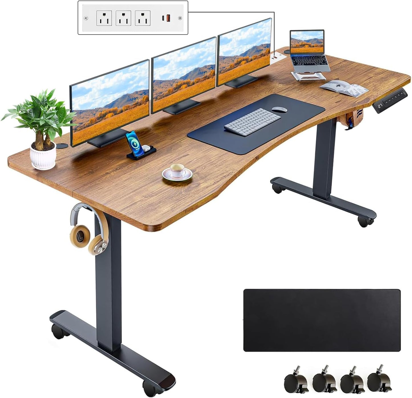 Electric Standing Desk 63 x 24 Inches Adjustable Height Ergonomic Sit Stand Up Desk Curved for Home Office Computer Workstation with 2 USB Ports 3 Power Outlets Memory Preset Wheels, Brown