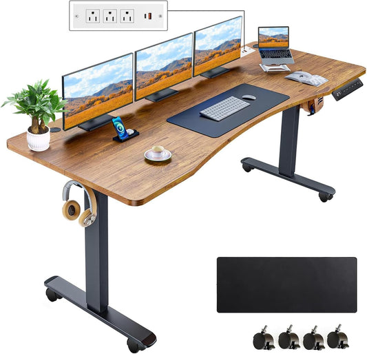 Electric Standing Desk 63 x 24 Inches Adjustable Height Ergonomic Sit Stand Up Desk Curved for Home Office Computer Workstation with 2 USB Ports 3 Power Outlets Memory Preset Wheels, Brown