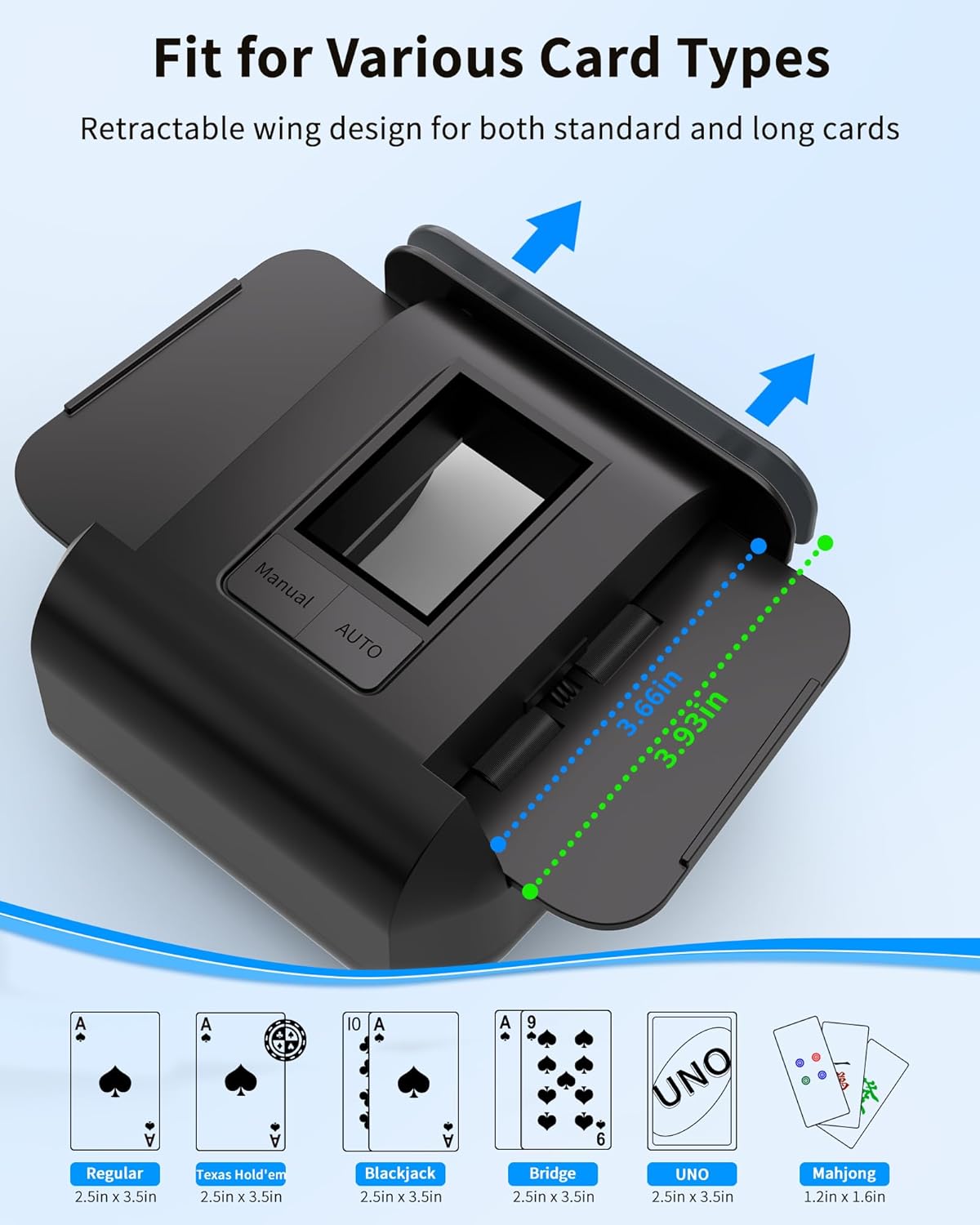 ADZERD Automatic Card Shuffler for 1-2 Decks with Dual Auto/Manual Modes, USB-C Rechargeable, Quiet Operation, Compatible with UNO, Poker, Mahjong, Bridge, Rummy, Skip-Bo, Phase 10 & More