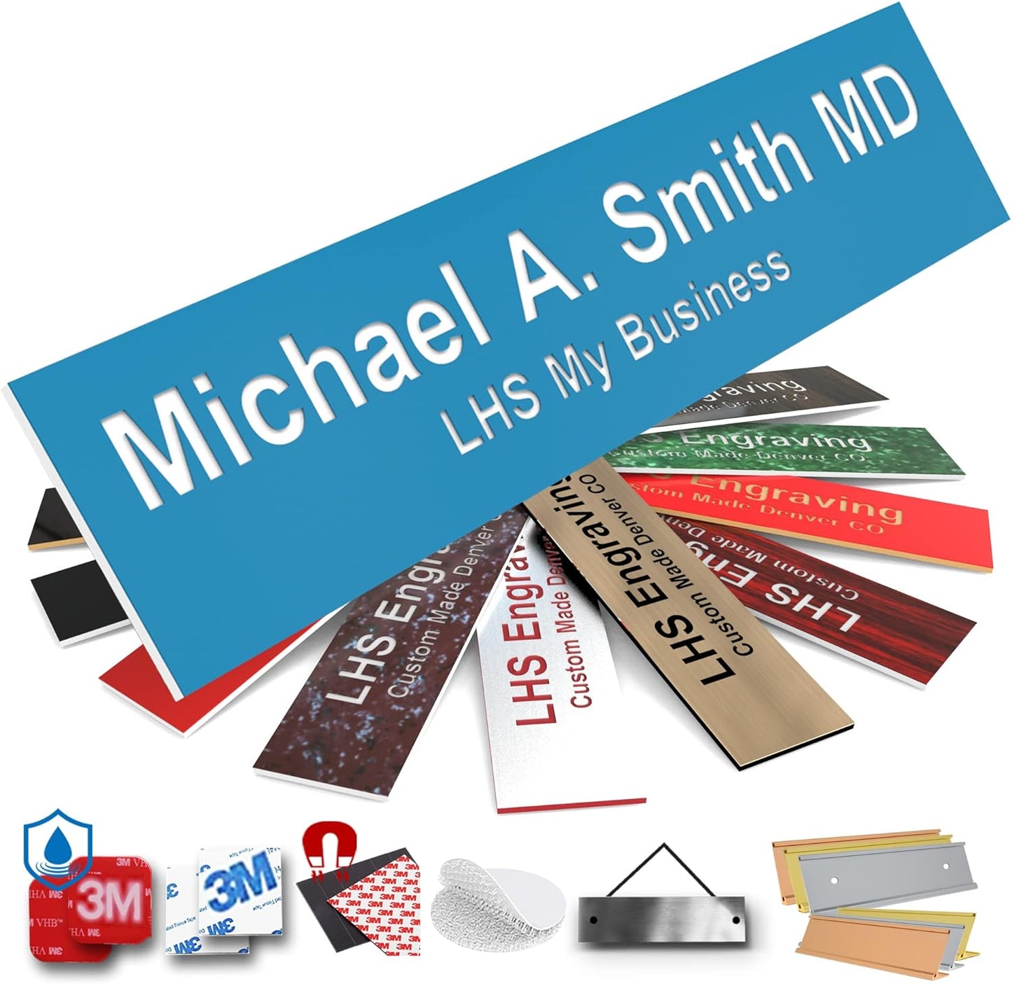 Engraved Name Plates for Door Sign Personalized Light Blue Plastic Plaque with White Letters - Made in USA 2x4 B1