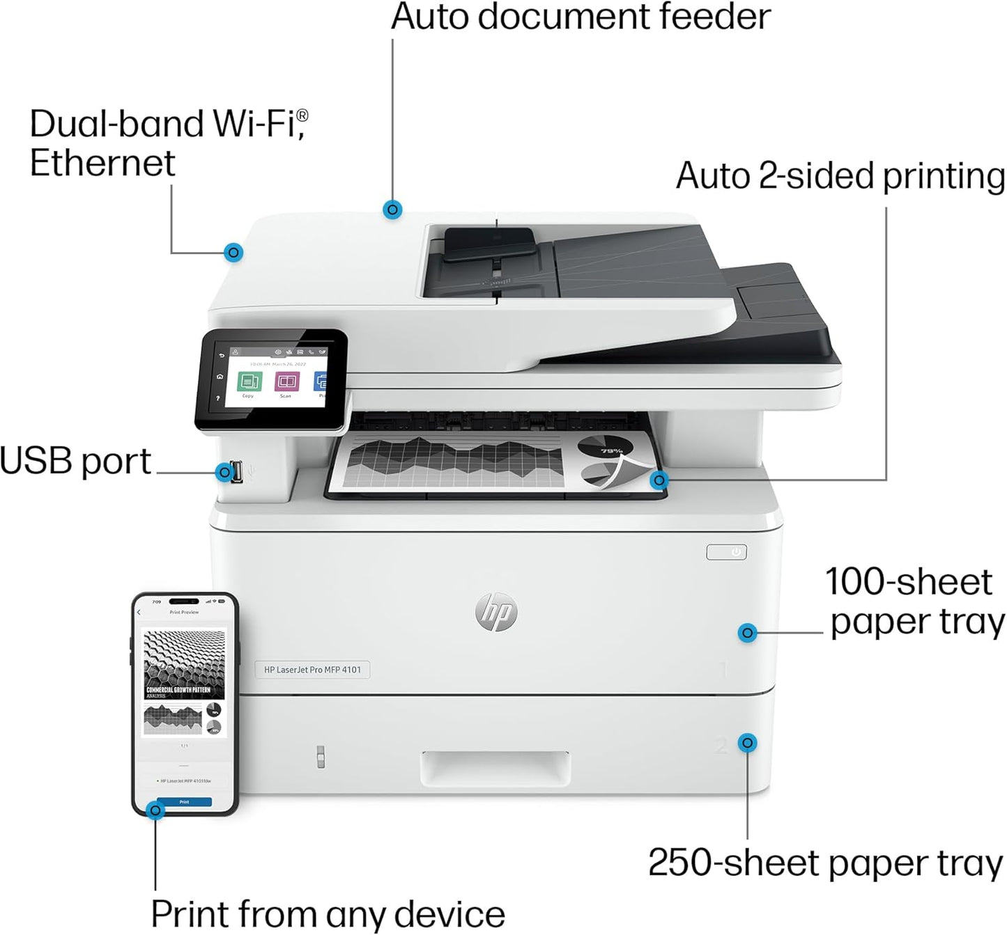 HP LaserJet Pro MFP 4101fdw Wireless Black & White All-in-One Laser Printer, Scanner, Copier, Fax, Best-for-Office (2Z619F)