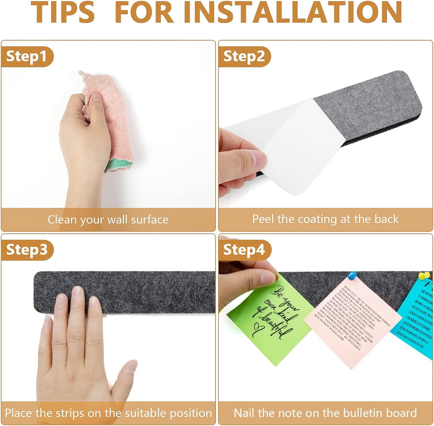 Felt Pin Board Bar Strips Bulletin Board for Bedrooms Offices Home Wall Decoration, Notice Board Self Adhesive Cork Board with 35 Push Pins for Paste Notes, Photos, Schedules