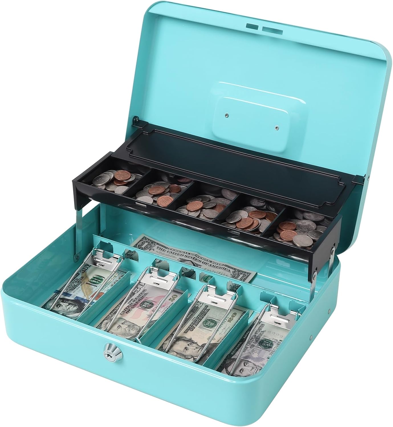 Jssmst Locking Metal Cash Box with Coin Lid, 11.8L x 9.5W x 3.5H Inches, Safe Money Box with Key Lock, Light Blue, SM-CB0519LB
