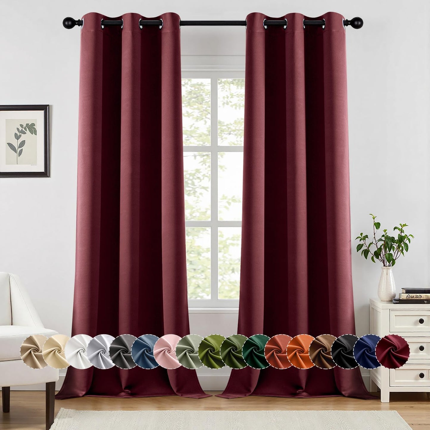 MIULEE Burgundy Red Blackout Curtains for Bedroom Living Room 90 Inches Long 2 Panels, Thermal Insulated Room Darkening Drapes Solid Grommet Top Noise Reduction Christmas Window Treatments 40x90 Inch
