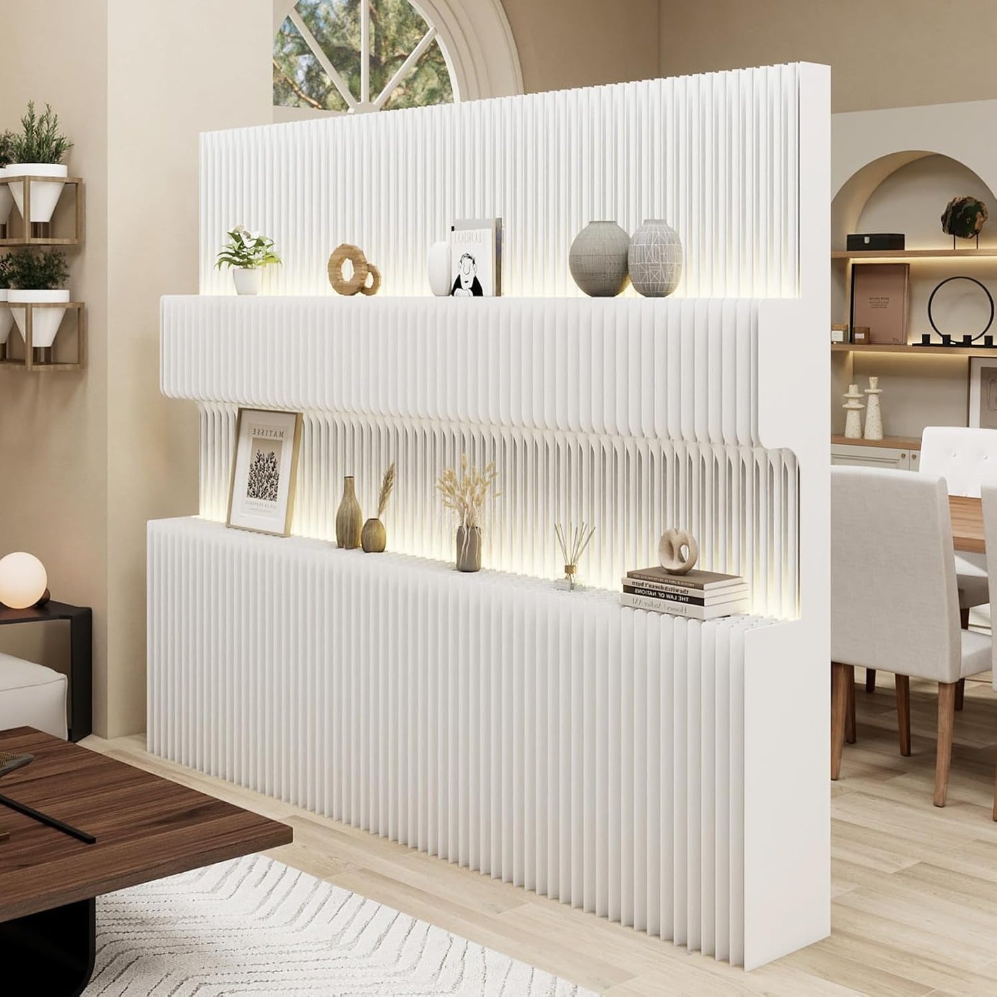 6.9FT Paper Room Divider with LED Light, Folding Privacy Screens with Storage Shelf,Portable Partition Wall for Exhibitions, Salons,Home Office Entrances,Retail Displays-L98.4’’*W13.8’’ *H82.6’’