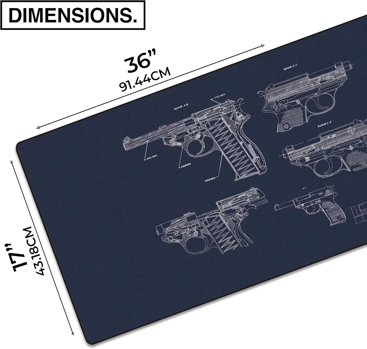 MPCO. Blueprints Large Gaming Desk Pad - 36" x 17" Duraglyde Fabric Pistol 38 – Blue Desk Mats - Non-Slip, Washable, Smooth Glide for Precision Gaming & Work