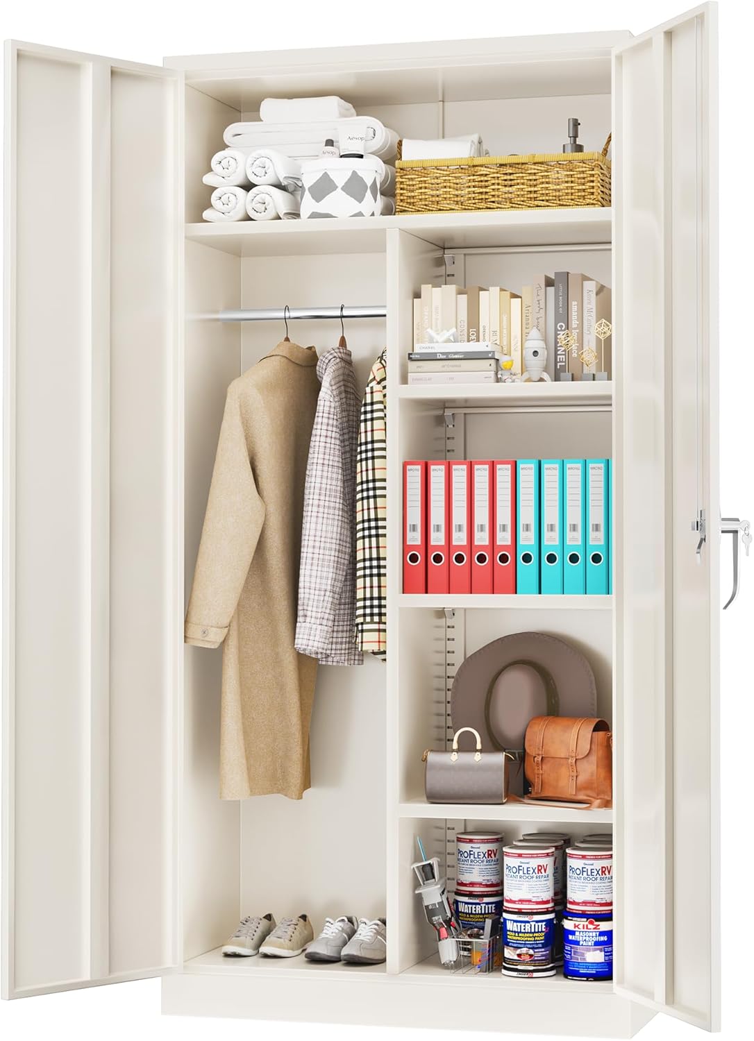 Greenvelly Metal Storage Cabinet with 2 Doors, Grey 72” Steel Storage Wardrobe Cabinet, Employees Locker Closet Clothing Coat Steel Wardrobe Cabinet with Hanging Rod for Garage, Gym, Home Office