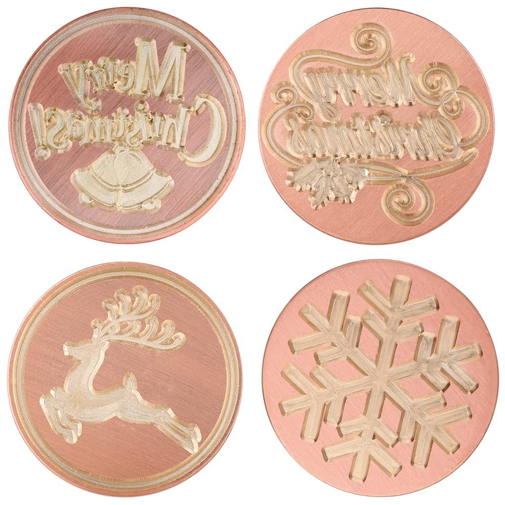 Rockcloud Wax Seal Stamps, 4 Pieces Copper Seals with Rose Quartz Handle, Christmas Theme, Pink