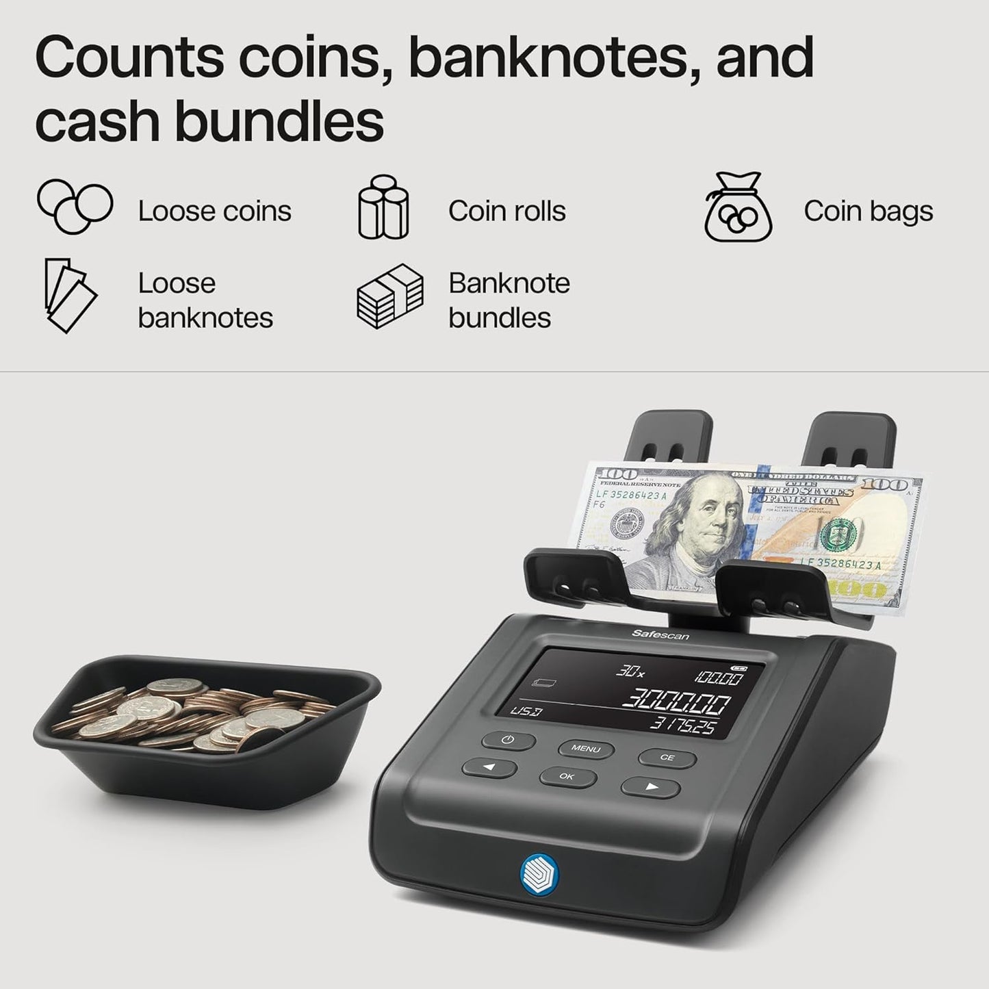 Safescan 6165 Advanced Money Counting Scale, Counts Bills, Coins, Coin Rolls and Bill Bundles, Multi-Currency, Easy to Update, Clear Display Panel, 3 Year Warranty