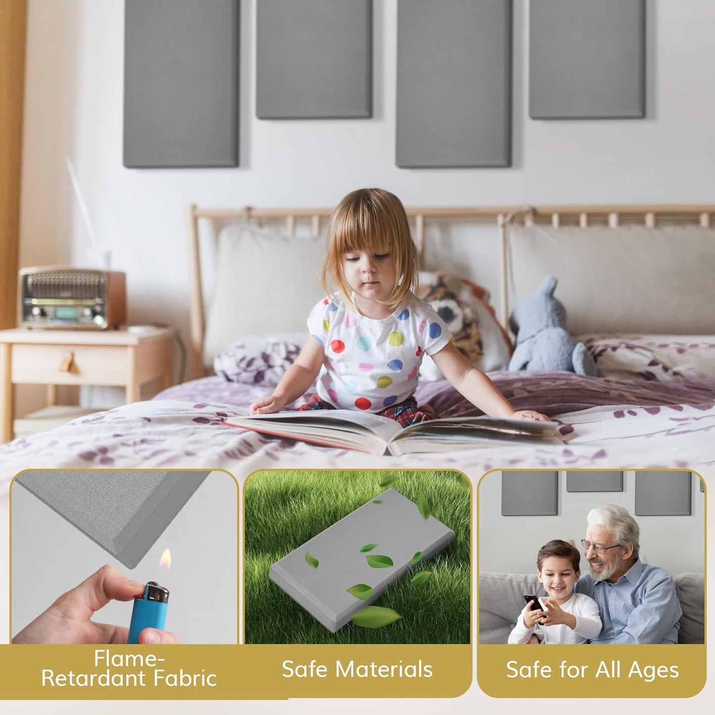 TONOR 4 PCS Large Acoustic Panel, 23.6″ * 11.8″ * 2.36″ 3D Fiberglass Sound Proof Panel with Full Self-Adhesive, Decorative Echo Absorbing Wall Panel, for Studio, Living Room, Home, Office, Beige