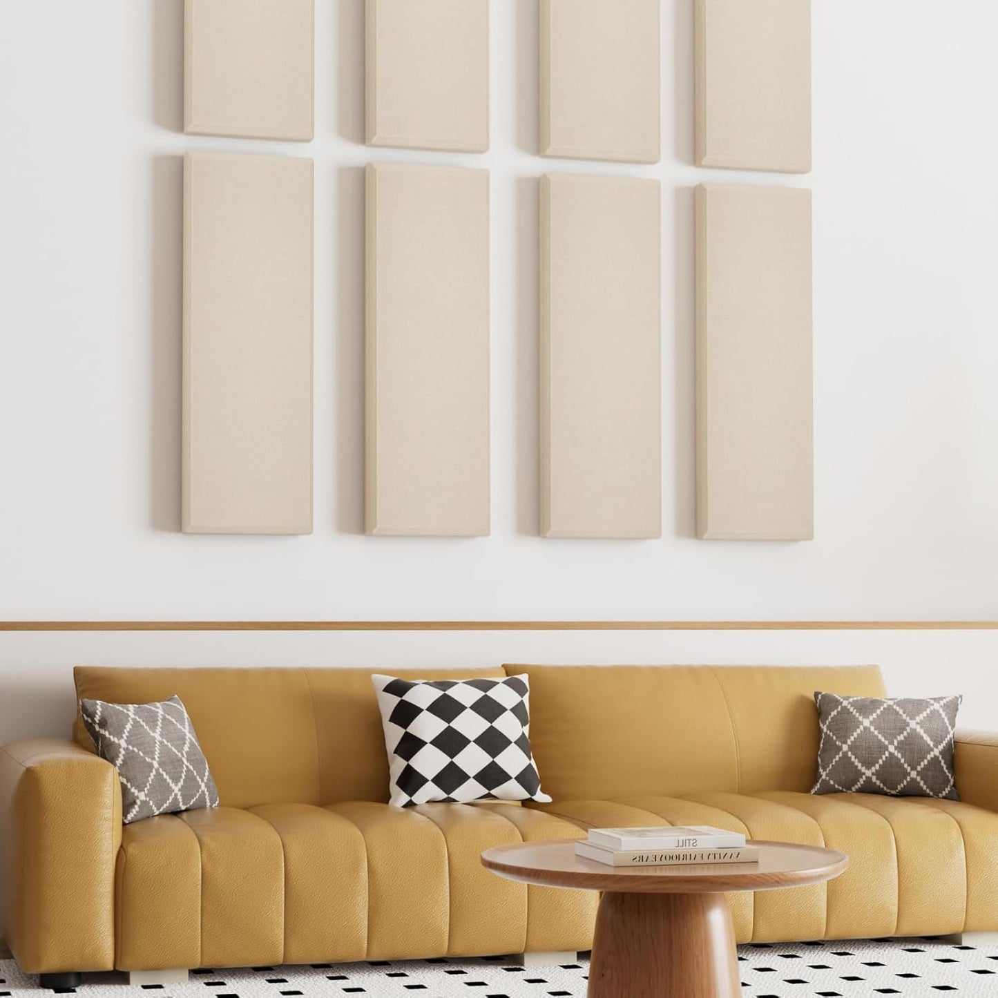 TONOR 4 PCS Large Acoustic Panel, 35.4″ * 11.8″ * 2.36″ 3D Fiberglass Sound Proof Panel with Full Self-adhesive, Decorative Echo Absorbing Wall Panel, for Studio, Living Room, Home, Office,Beige