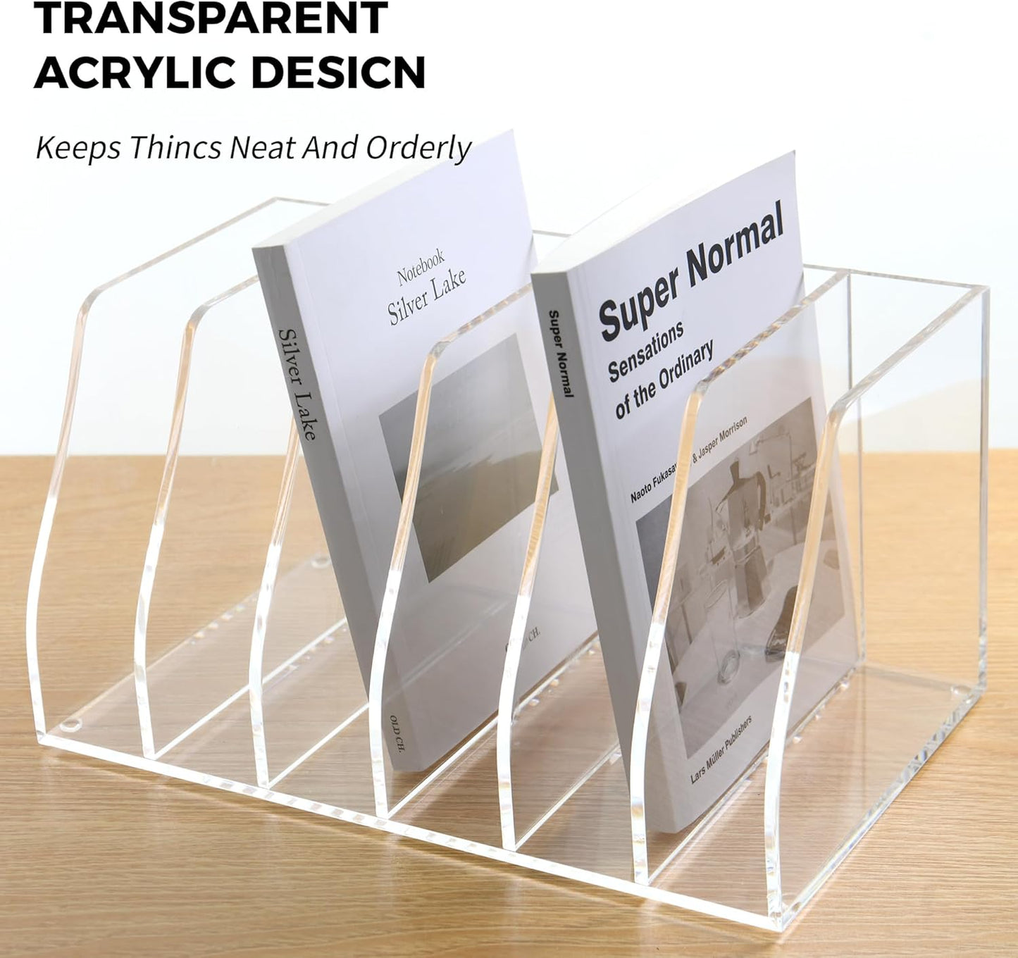 Acrylic Magazine File Holder, 6 Vertical Compartments Desk Document Sorter Organizer, Clear Folder Rack Binder for Office/Home/Classroom, for Documents, Tablet, Magazines, Books & Accessories