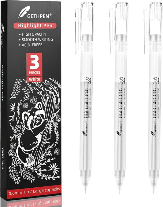 0.6mm Fine Point White Gel Pens, 3-Pack for Artists Drawing, Sketching, Illustration, and Adult Coloring Books, Opaque White Ink for Black Paper, Bullet Journaling, and Card Making