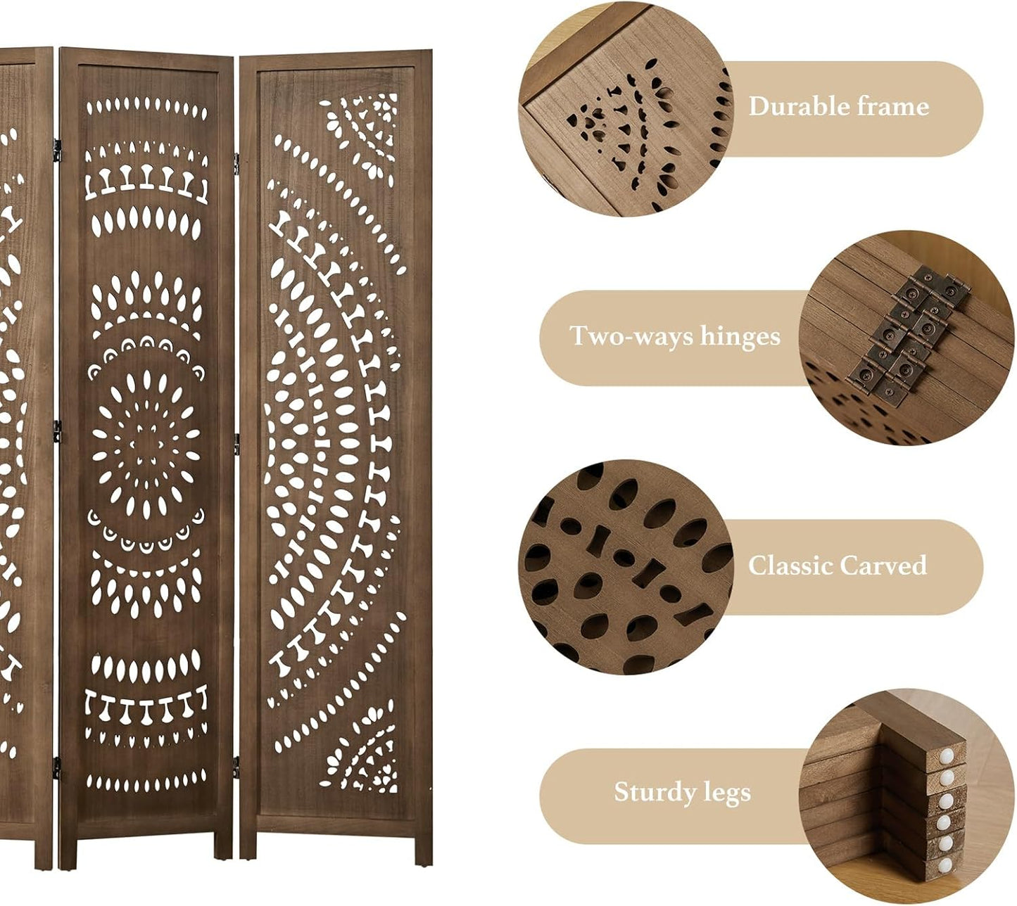 66.9Inch Folding Room Divider, 6 Panels Wood Carved Privacy Screens Free Assembled Freestanding Partition for Bedroom Home Office (Brown)