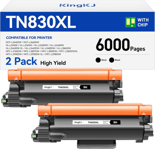 TN830XL Toner Cartridge Black 2-Pack High Yield Replacement for Brother TN830XL TN830 XL Compatible for HL-L2460DW HL-L2405W HL-L2480DW MFC-L2820DW DCP-L2640DW MFC-L2900DW HL-L2400D Laser Printer Ink