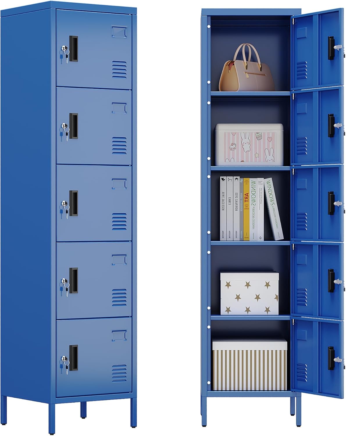 Aobabo 16" W 5 Door Metal Storage Locker with Lock, 66" H Steel Locker with Name Card Holder and Metal Leg for School, Home, Office, Playroom, Assembly Required, Blue