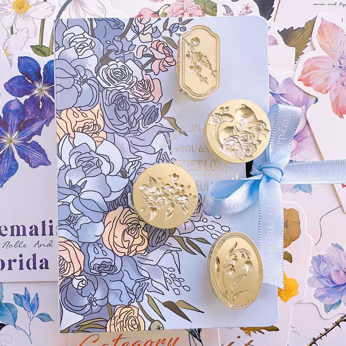 6pcs Flower Wax Seal Stamp Set with Removable Wooden Handle - Floral Wax Stamp Kit for Wedding, Birthday Party, Envelopes, Invitations, Gift Packing & Decoration