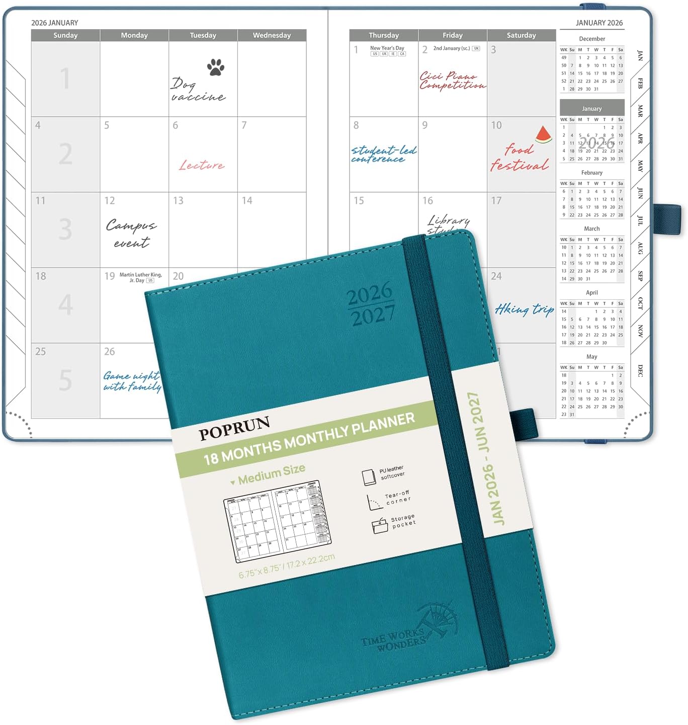 POPRUN Monthly Planner 2026-2027 (Medium- 6.5'' x 8.5'' Soft Cover), 18-Month Calendar Book (Jan.2026 - Jun. 2027), Calendar Planner with Monthly Tabs & Pocket, 100 GSM Paper - Pacific Green