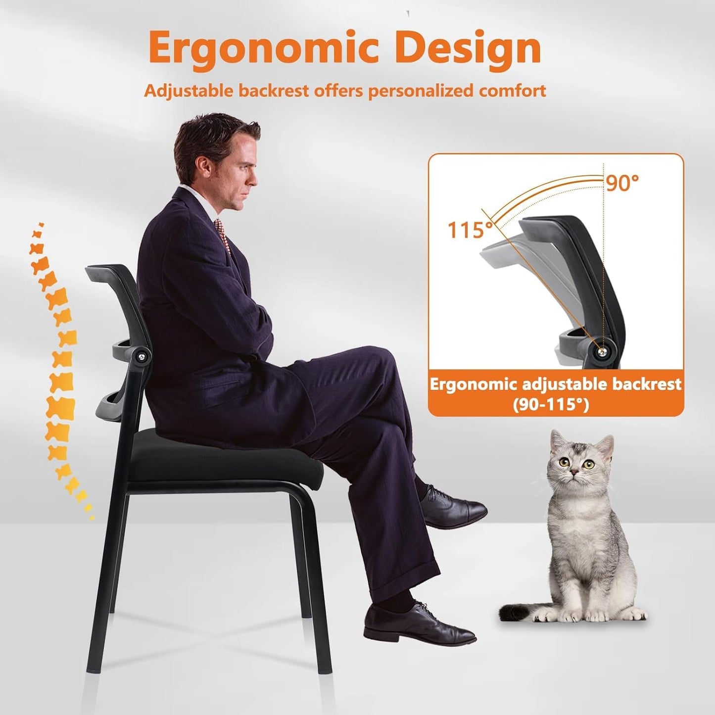 CLATINA Stacking Armless Office Waiting Room Chair with Adjustable Backrest, Stackable Mesh Guest Reception Desk Chairs with Ergonomic Lumbar Support for Conference Lobby Side School, Black, 8 Pack