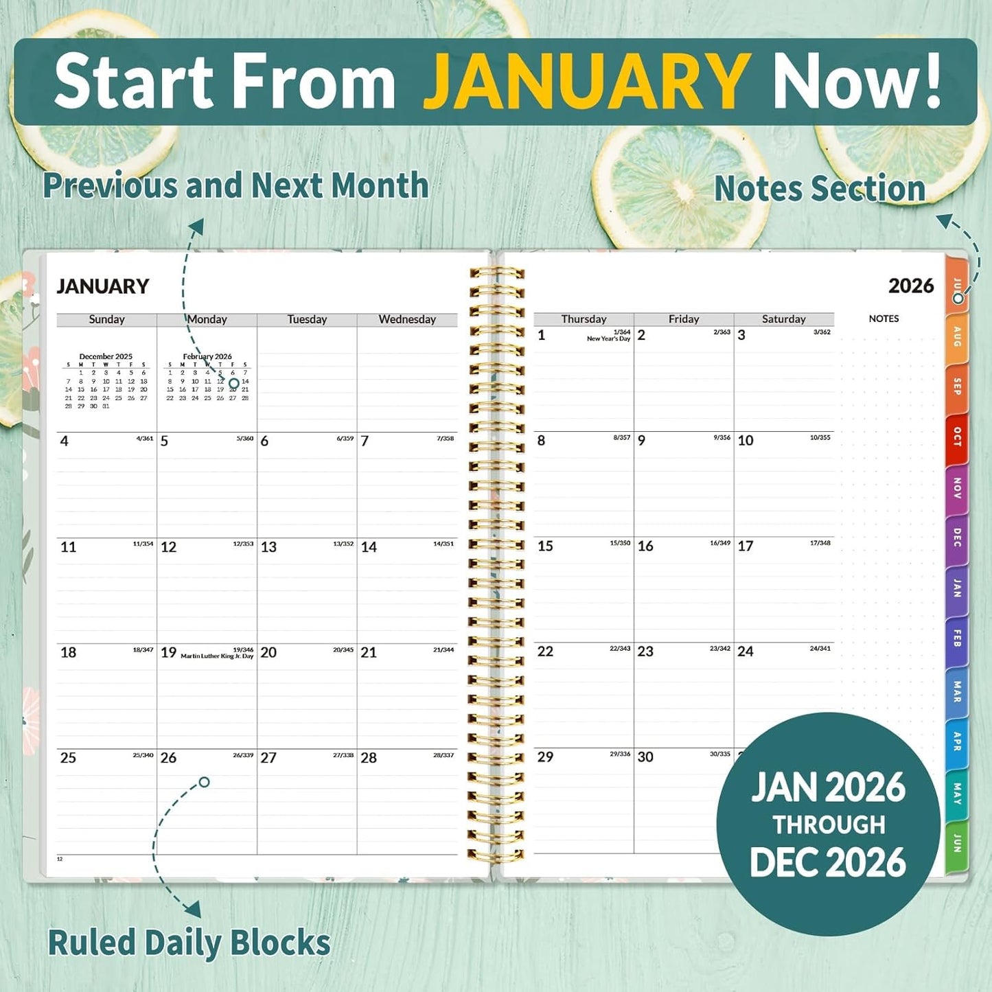 SUNEE 2026 Appointment Book, Quarter-Hourly, Weekly & Monthly - from January 2026 - December 2026, 8.5"x11" Weekly Planner, Flexible Cover, Note Pages, Pockets, Bookmark, Green Wildflowers