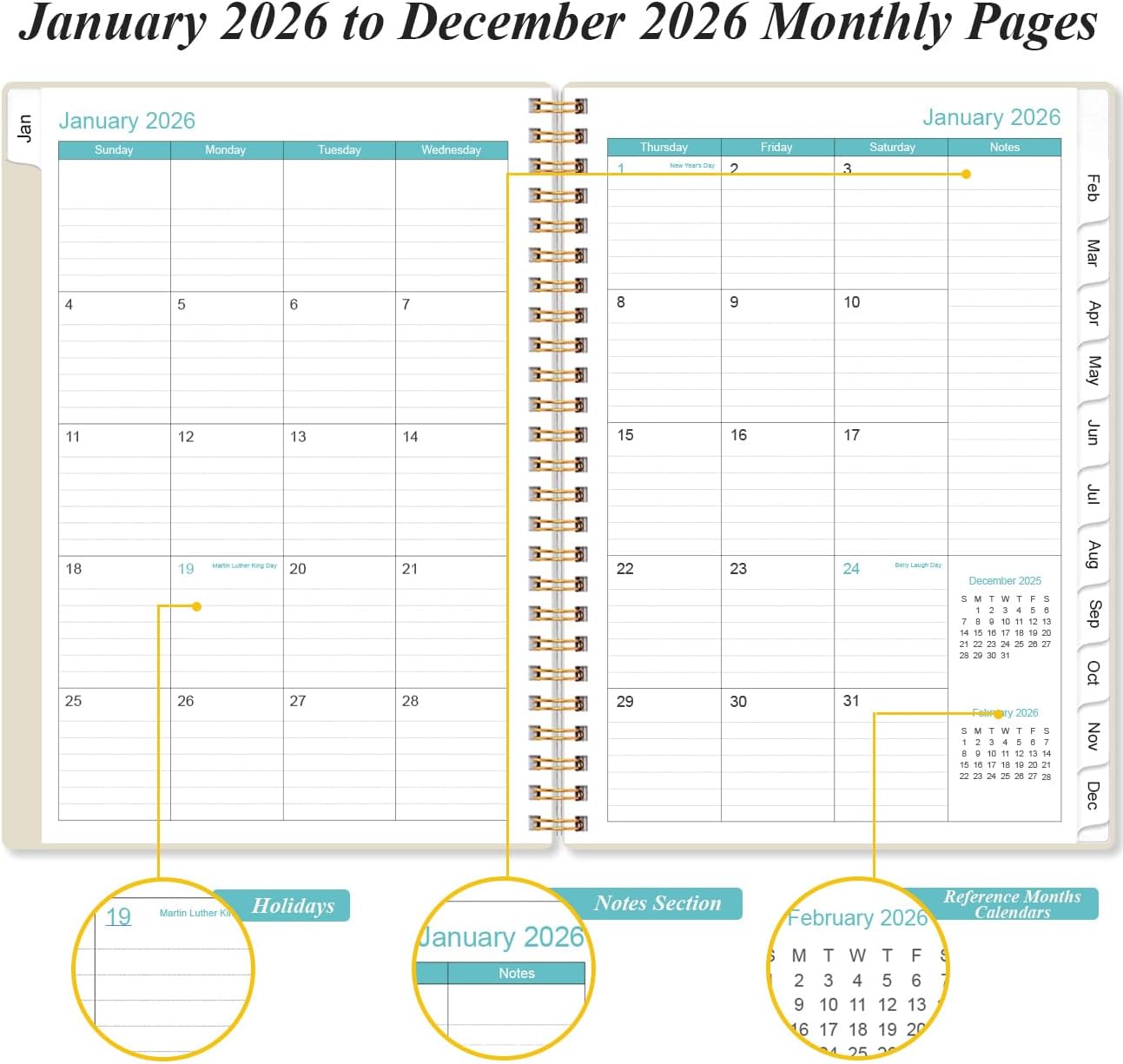 2026 Planner - Weekly and Monthly Calendar Planner from Jan 2026 - Dec 2026, Planner 2026 Spiral Bound with 12 Monthly Tabs, Inner Pocket, Perfect for School Office Supplies, 6.4" x 8.5", Beige