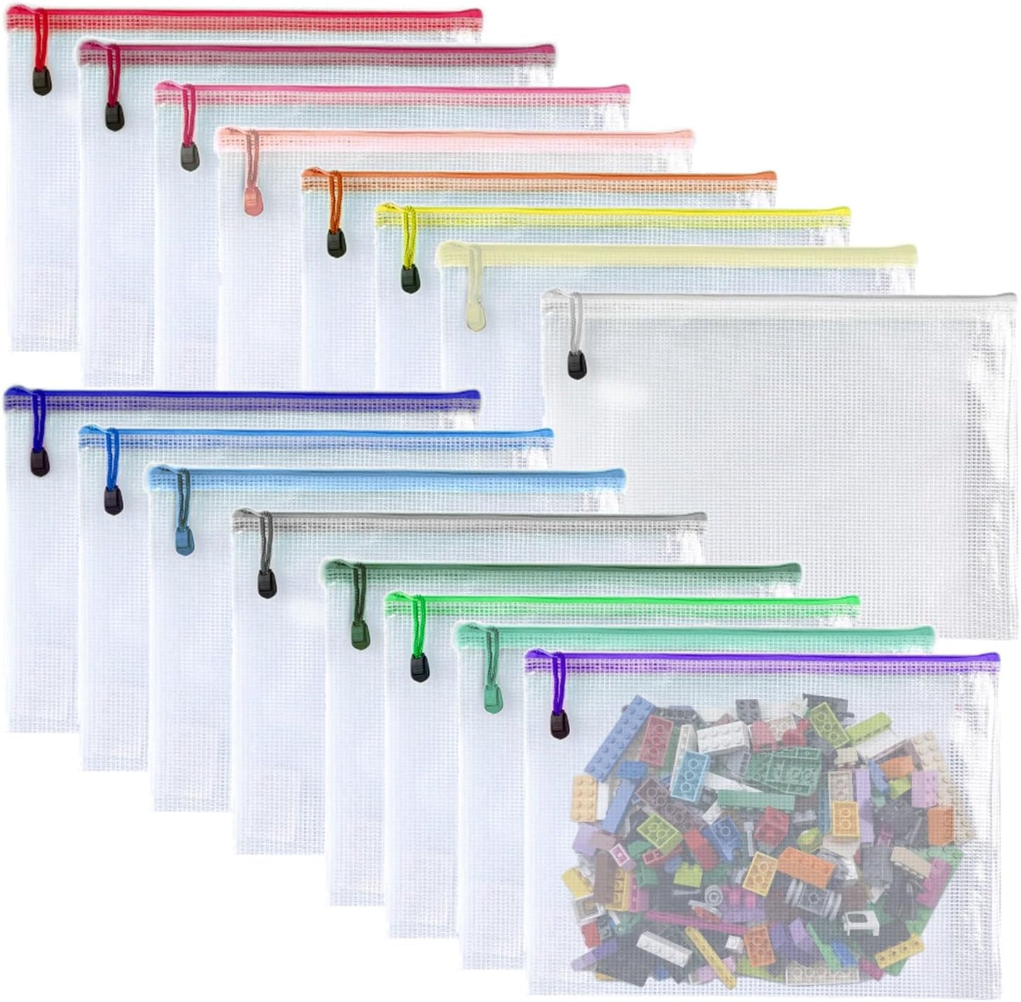 Oaimyy-16Pcs, 7" x 11" inches Mesh Zipper Pouch, Plastic Zip File Folders Puzzle Bags for Organizing,for Office Supplies,Travel,Home Storage-Multicolor